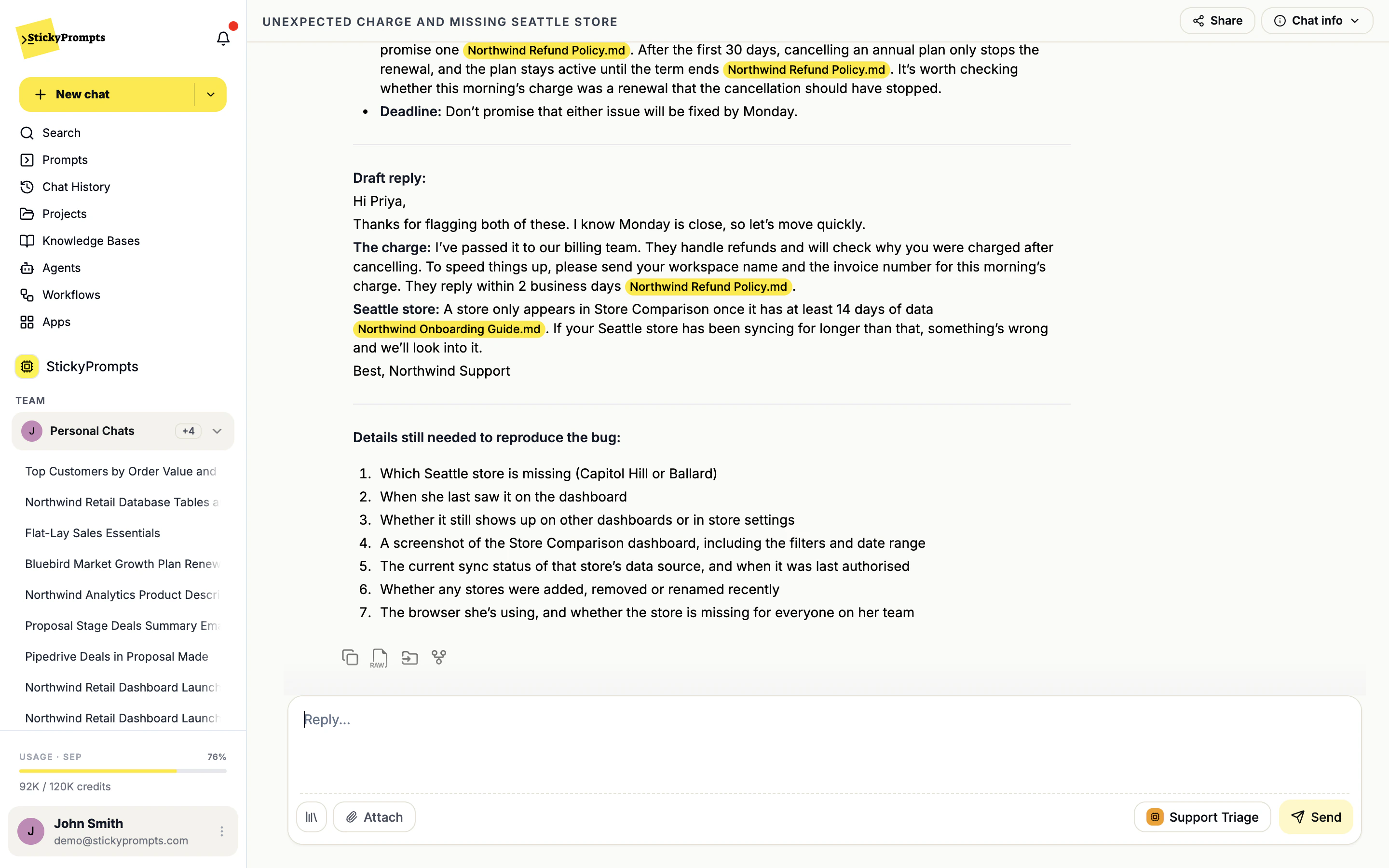 A support agent drafting a reply, every claim cited to a document in the knowledge base