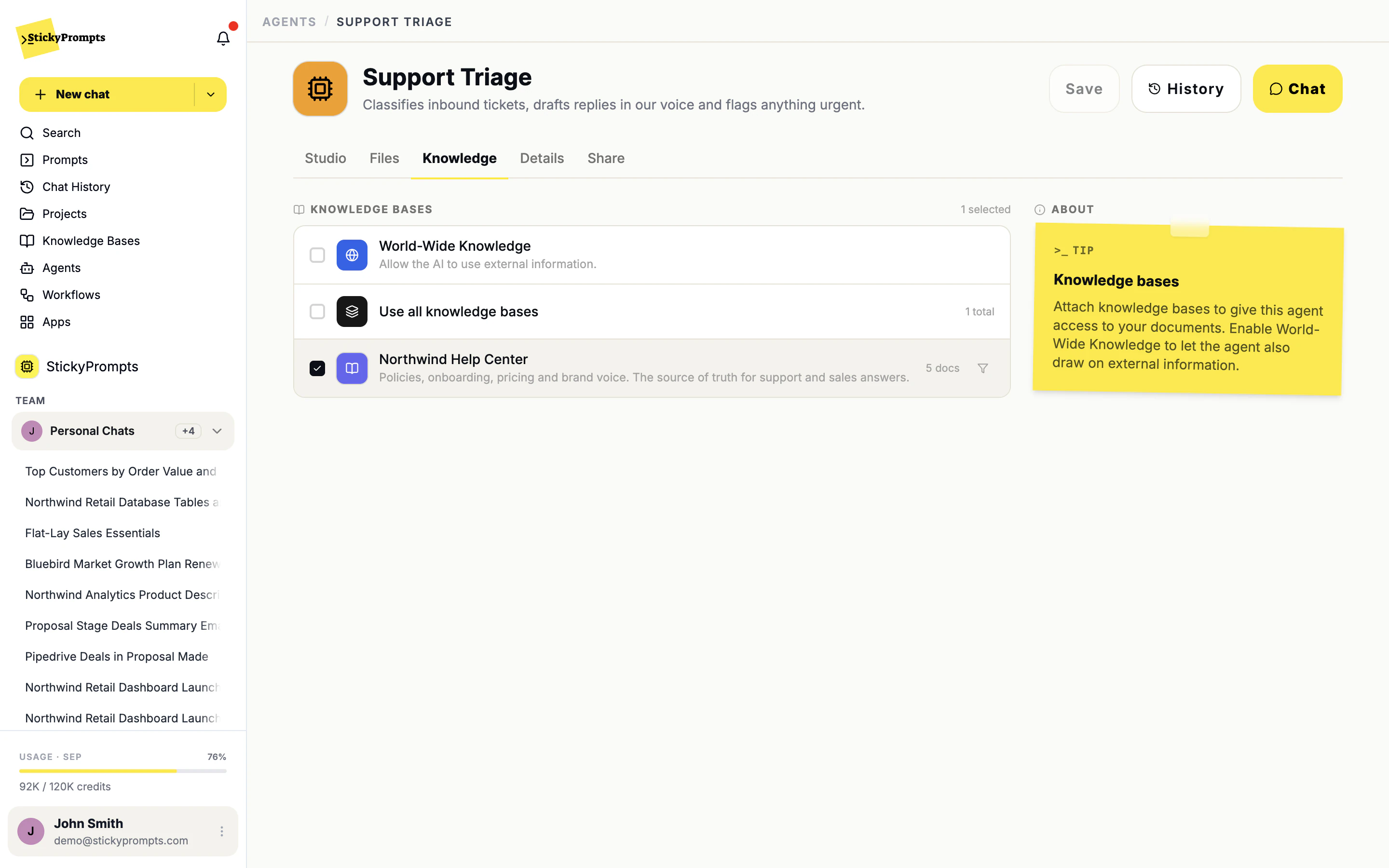 Attaching a knowledge base to an agent