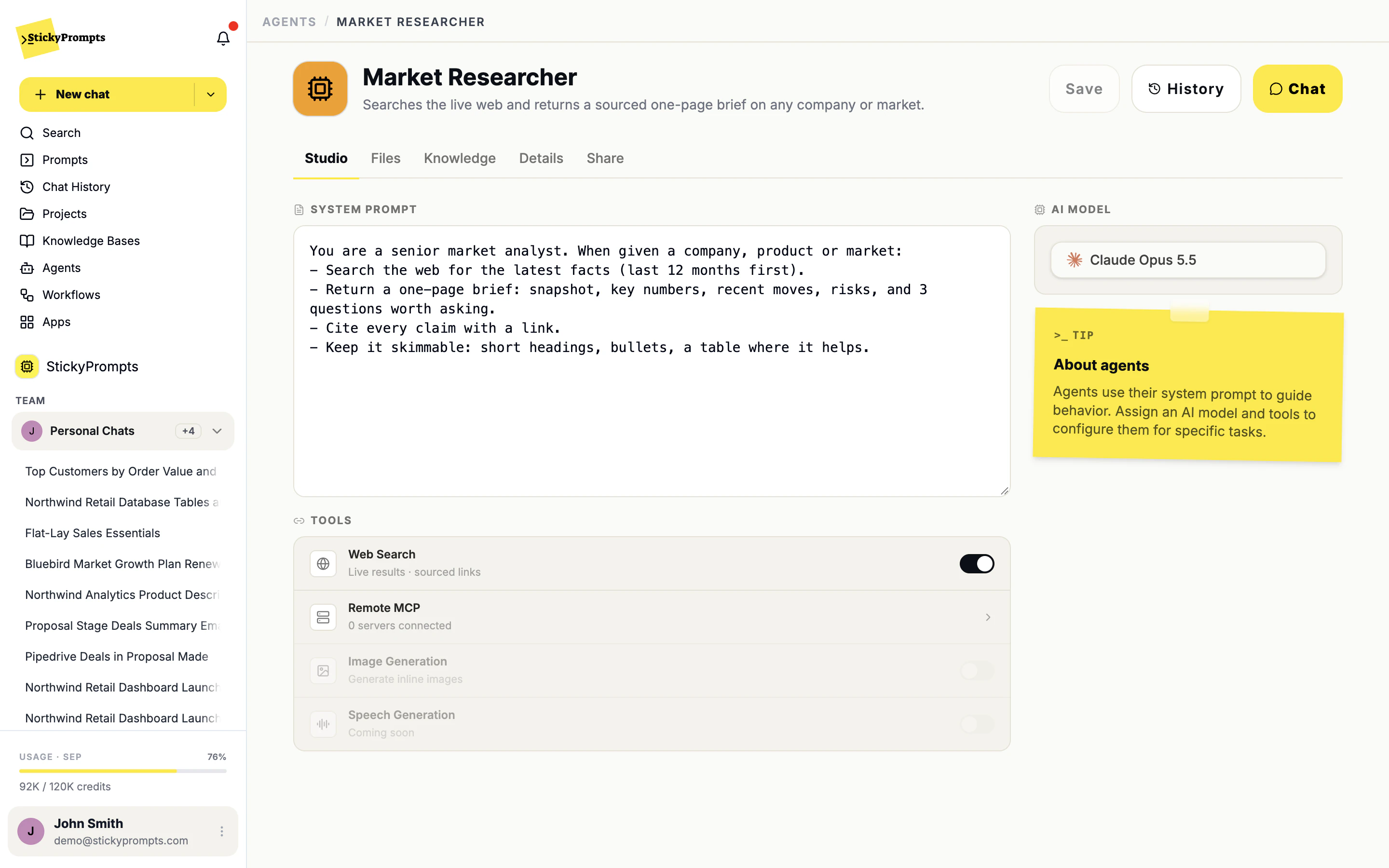 Agent studio: system prompt, tools such as web search and remote MCP, and the model