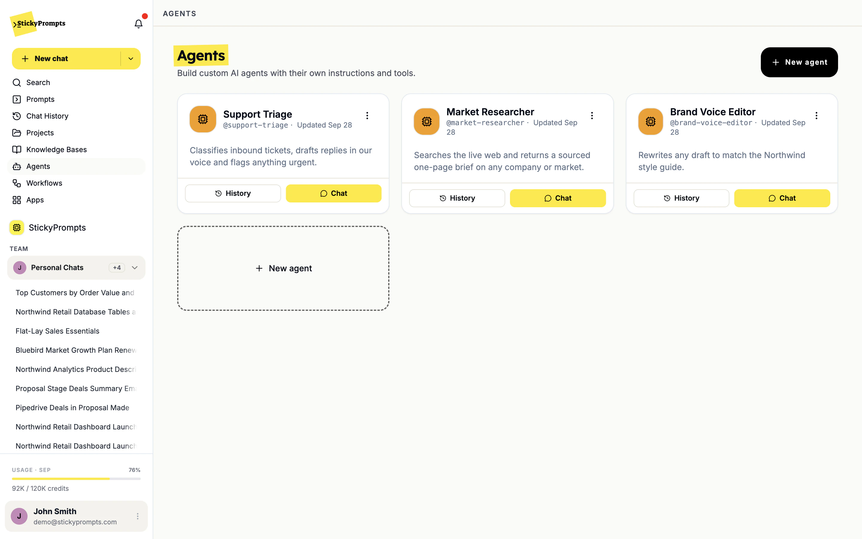 The Agents page: Support Triage, Market Researcher and Brand Voice Editor