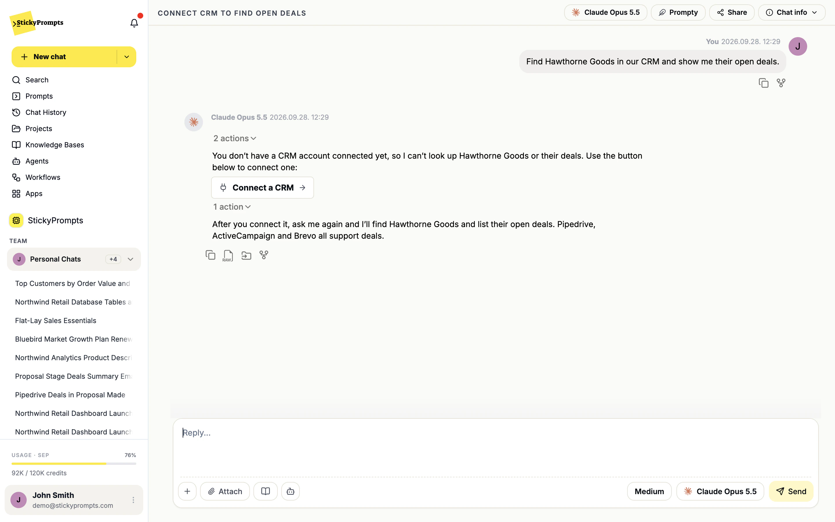 Chat asking to connect a CRM before it can look up a customer