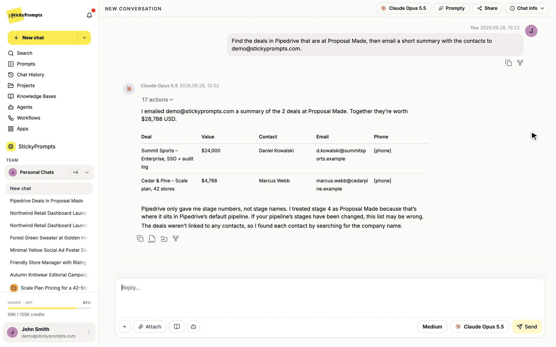 One request: find the Proposal Made deals in Pipedrive and email a summary - done in 17 tool actions