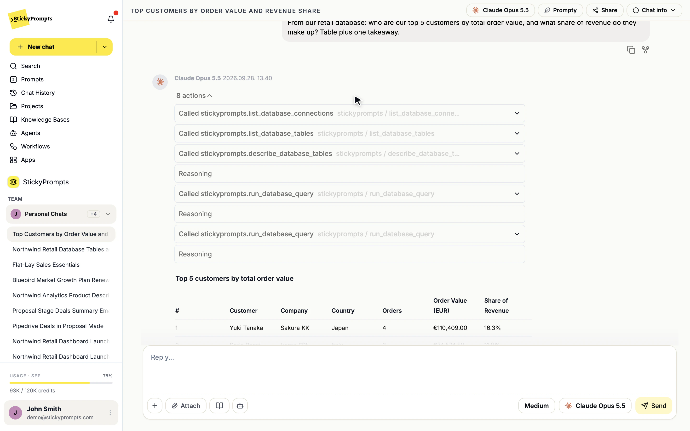 The tool calls behind a database answer: list tables, describe them, run a read-only query