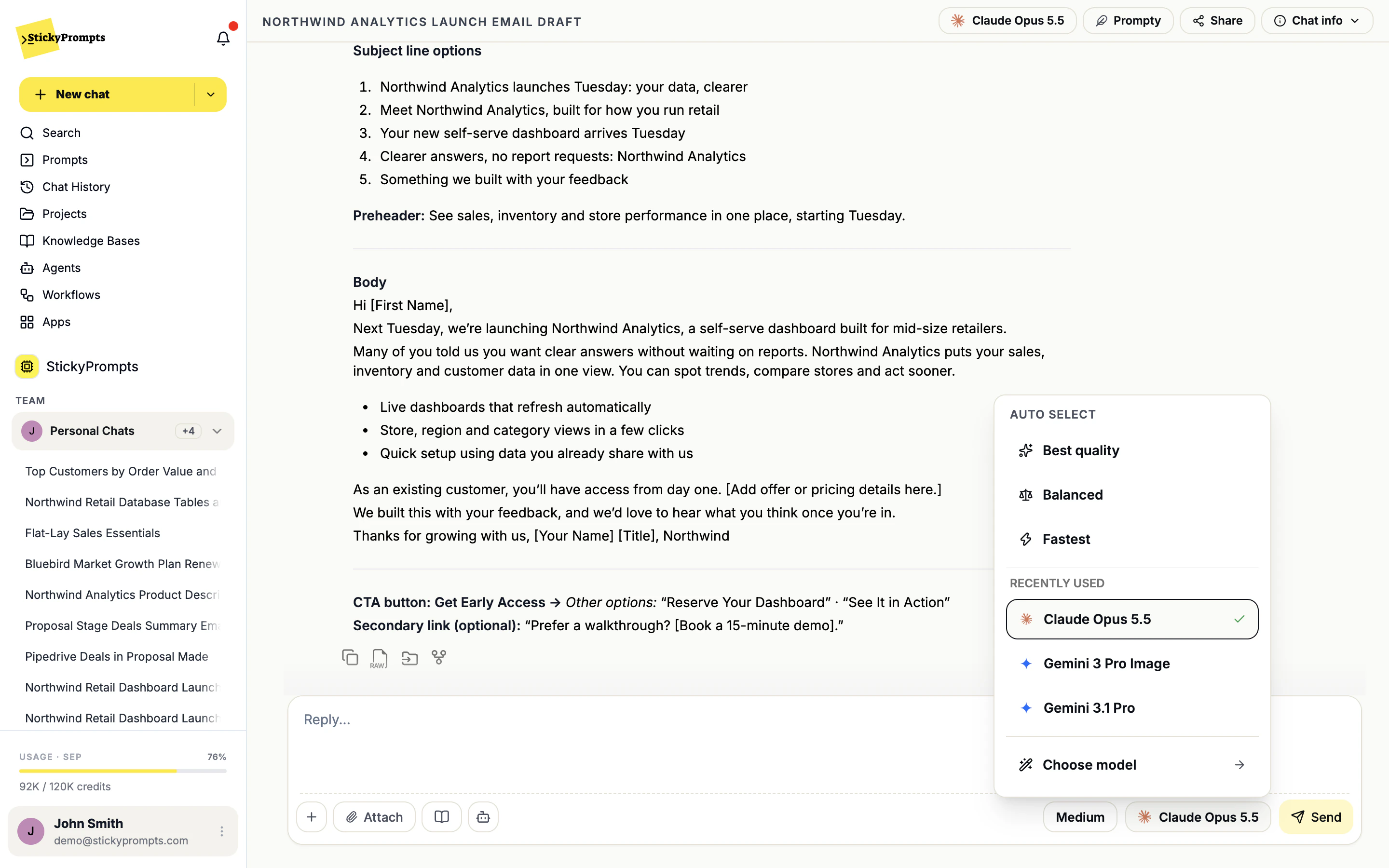 The model picker: auto-select for quality, balance or speed, plus recently used models