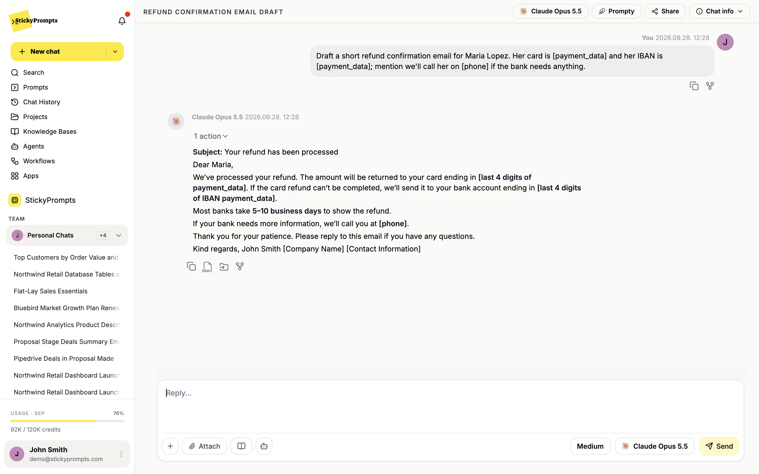 A chat where card numbers and a phone number were redacted before the model saw them