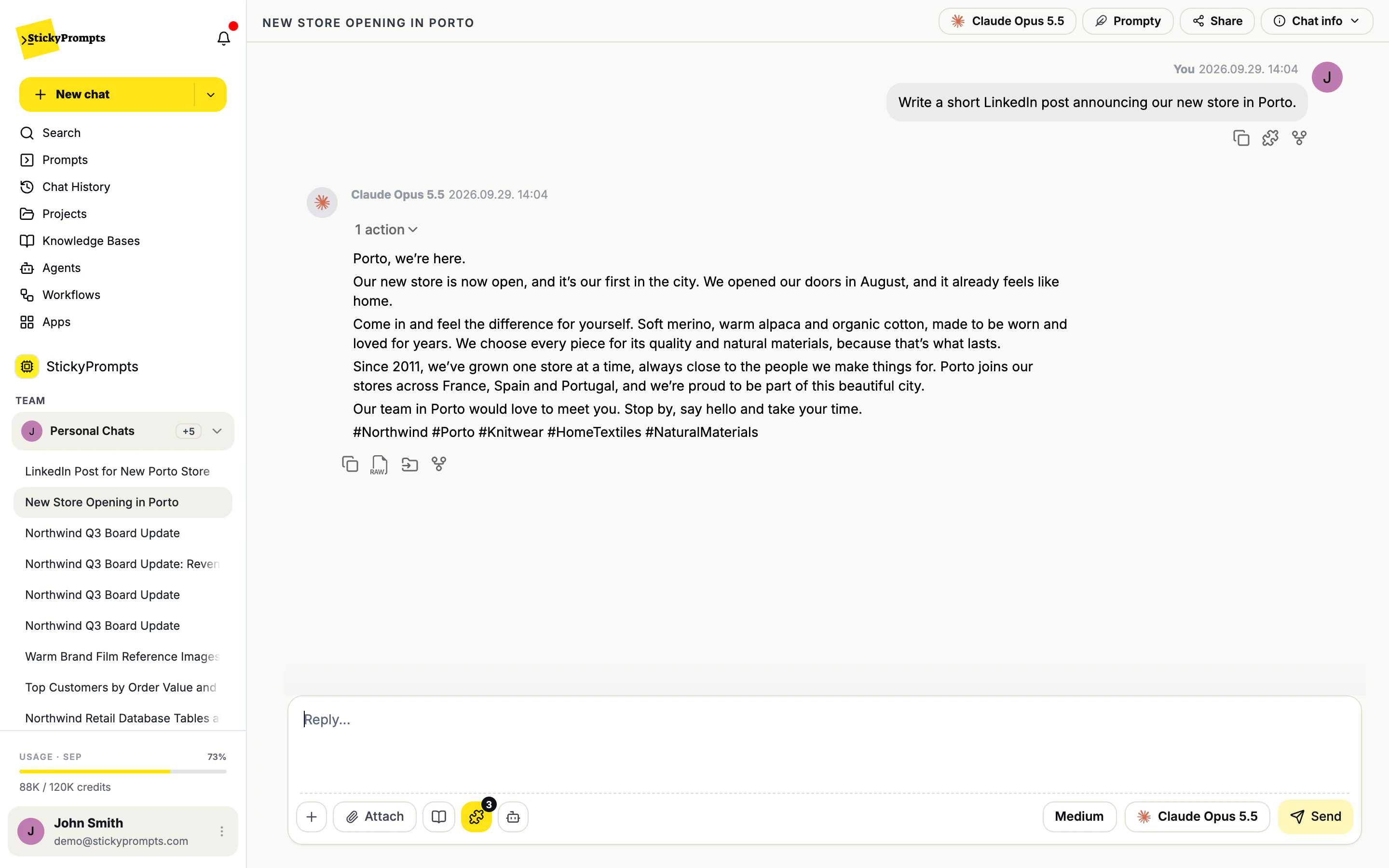 The same LinkedIn post written with three snippets on: Northwind's real facts in Northwind's voice