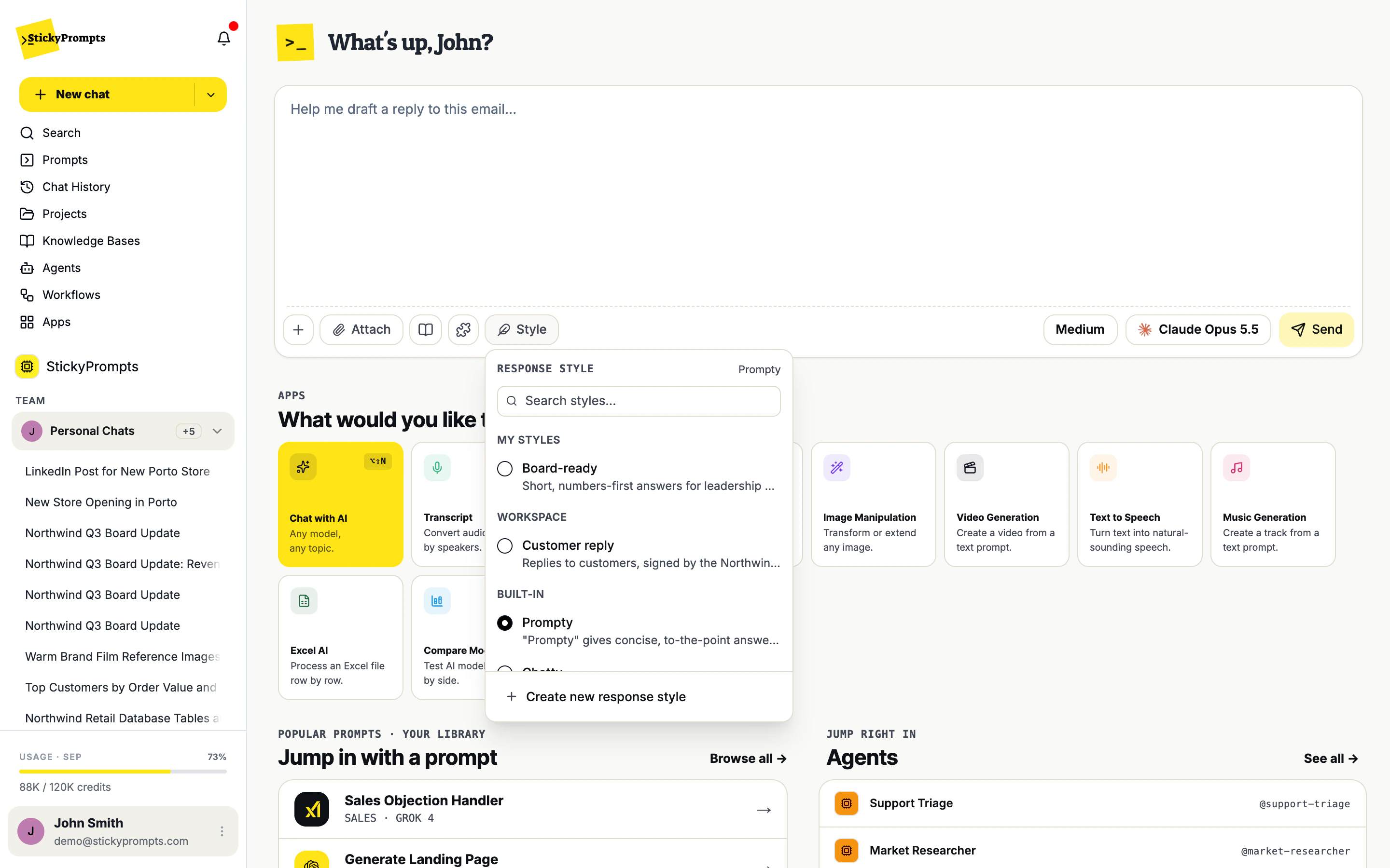 The Style picker in the composer: your styles, the workspace's styles, and the built-in Prompty and Chatty