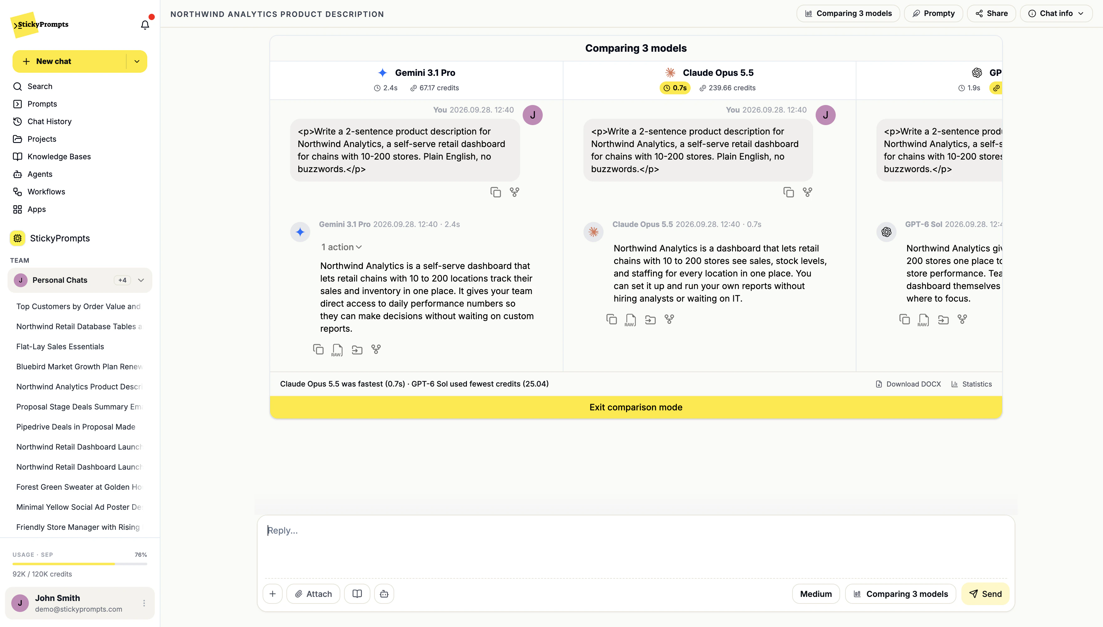 Compare mode: one prompt answered by Claude Opus 5.5, GPT-6 Sol and Gemini 3.1 Pro side by side, with speed and credits