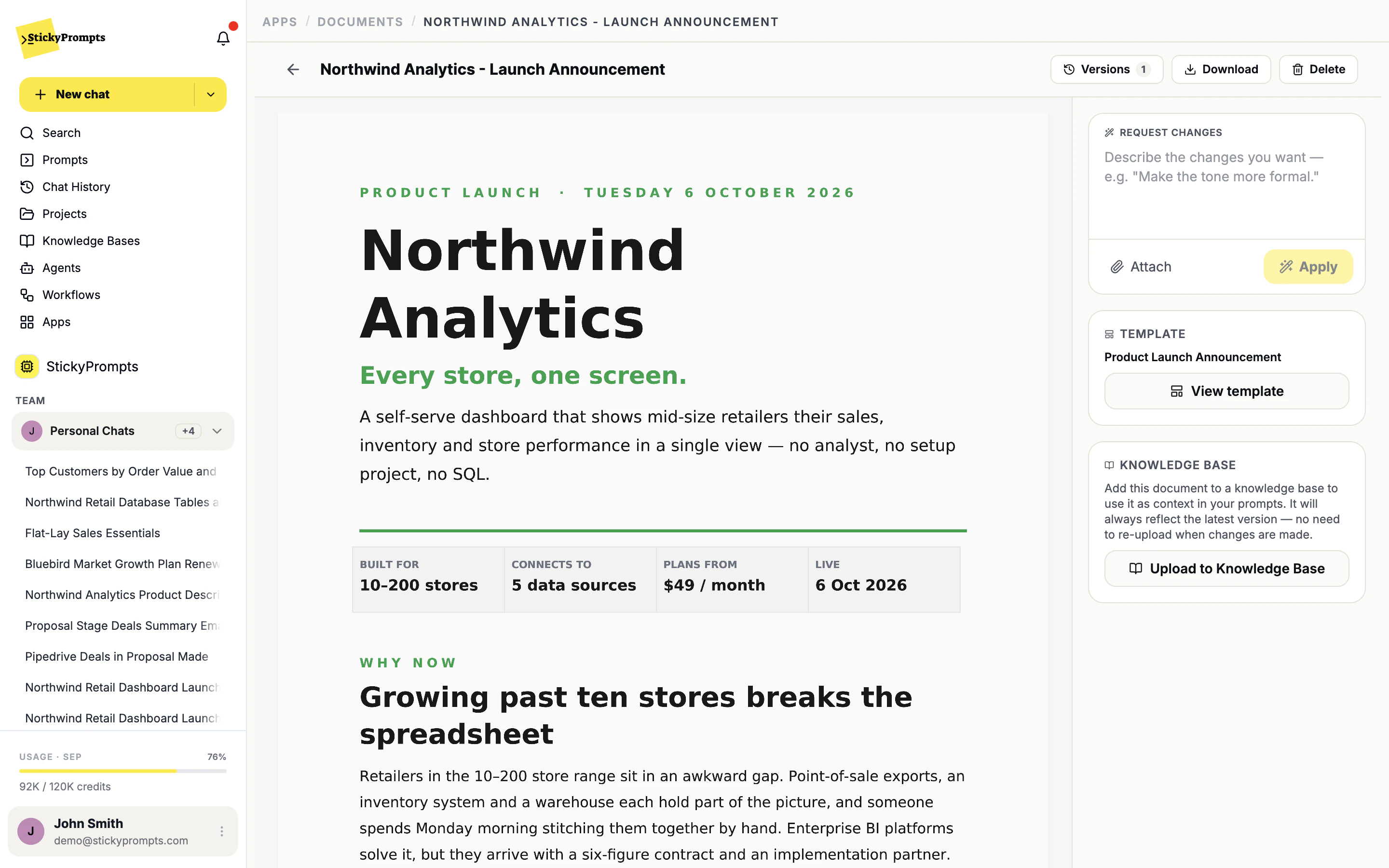 A generated launch announcement in the document editor, with versions and change requests
