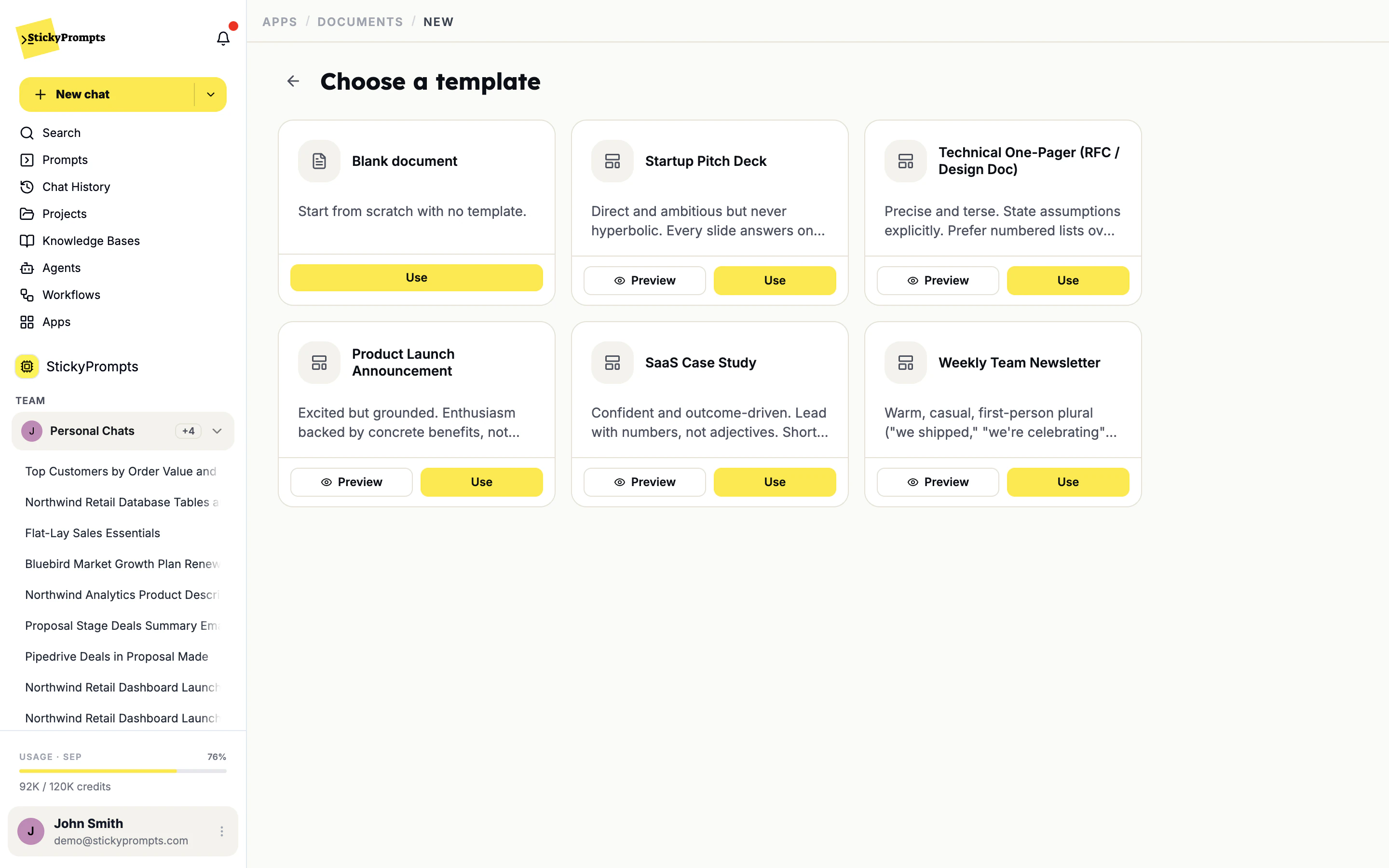 Document templates: pitch deck, case study, one-pager, newsletter, launch announcement