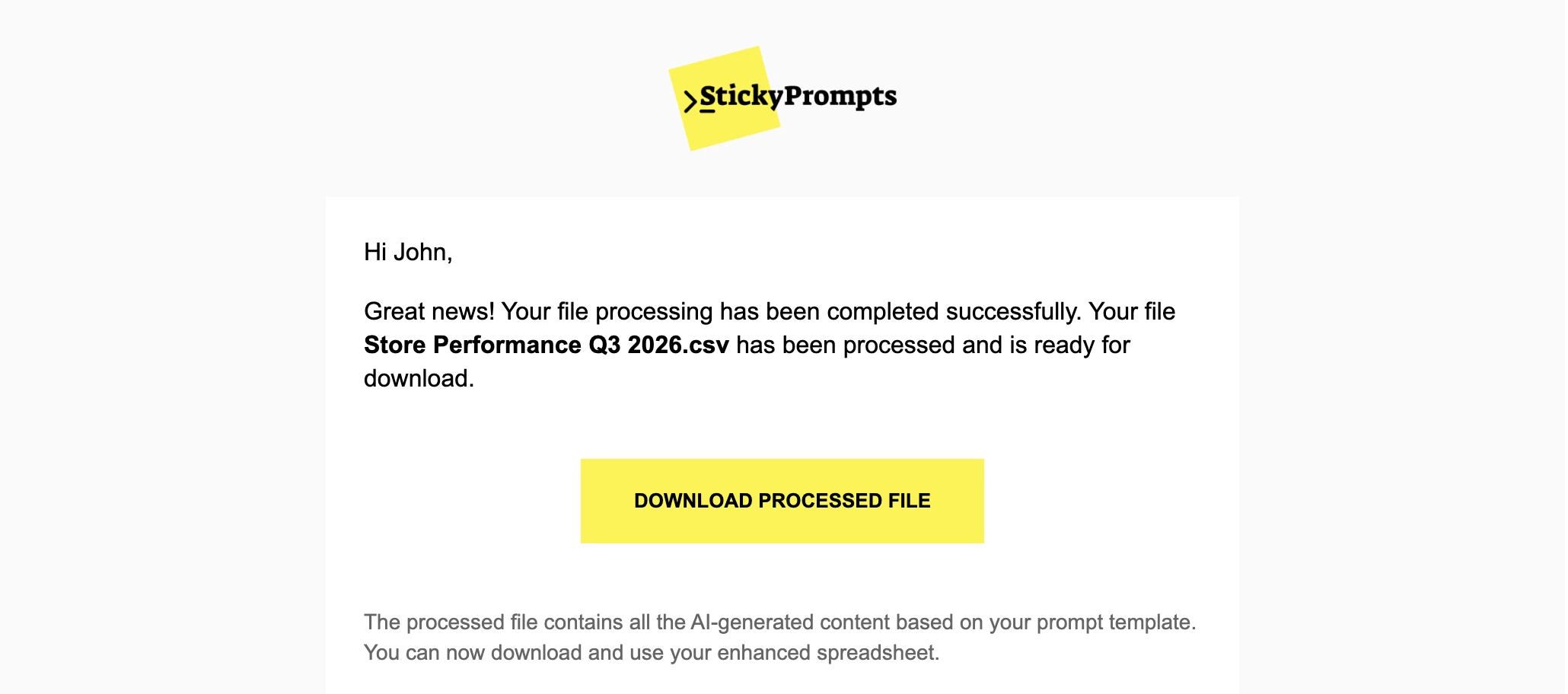 The completion email Excel AI sends when a spreadsheet has been processed, with a download button