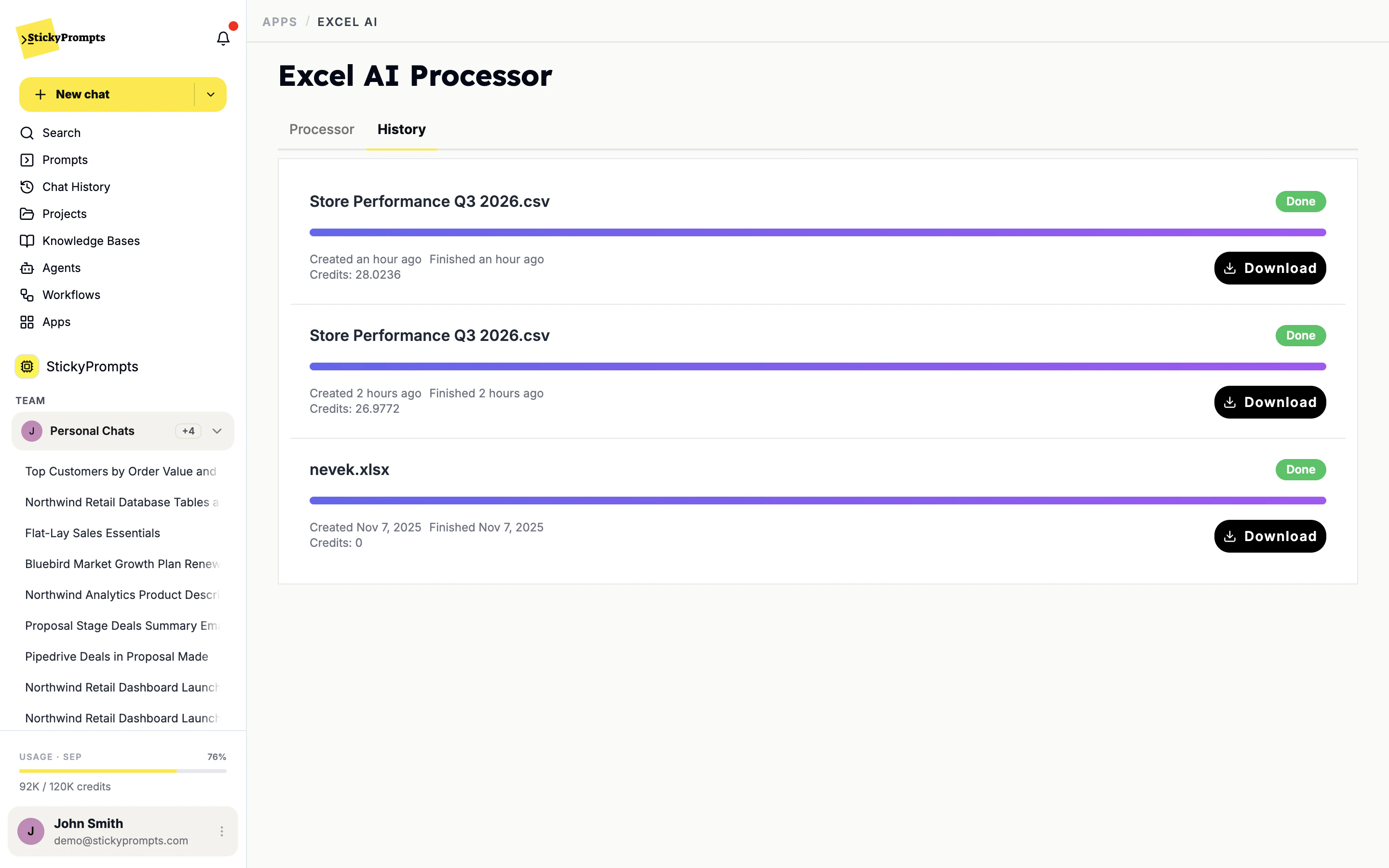 Excel AI processing history