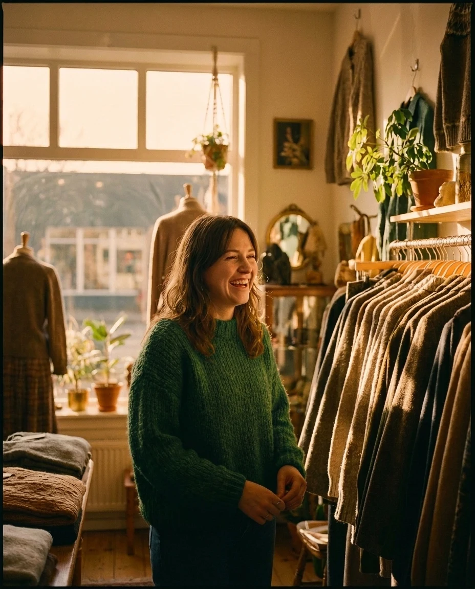 The same photo edited: the sweater is now forest green, the light is golden hour