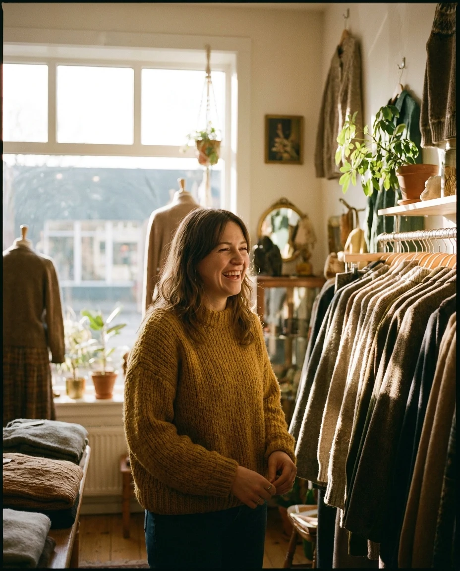 Generated editorial photo of a woman in a mustard sweater in a clothing store
