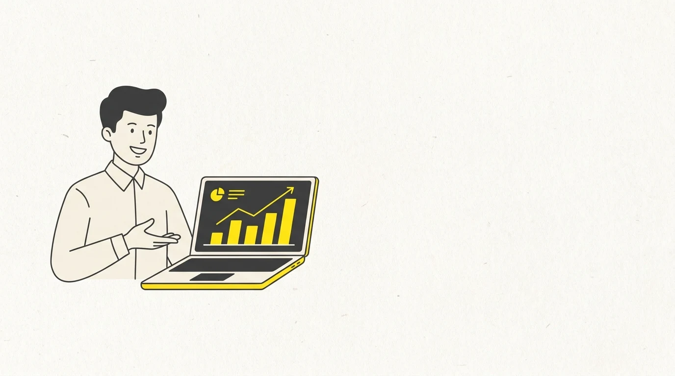 Generated flat illustration of a store manager presenting rising yellow bar charts