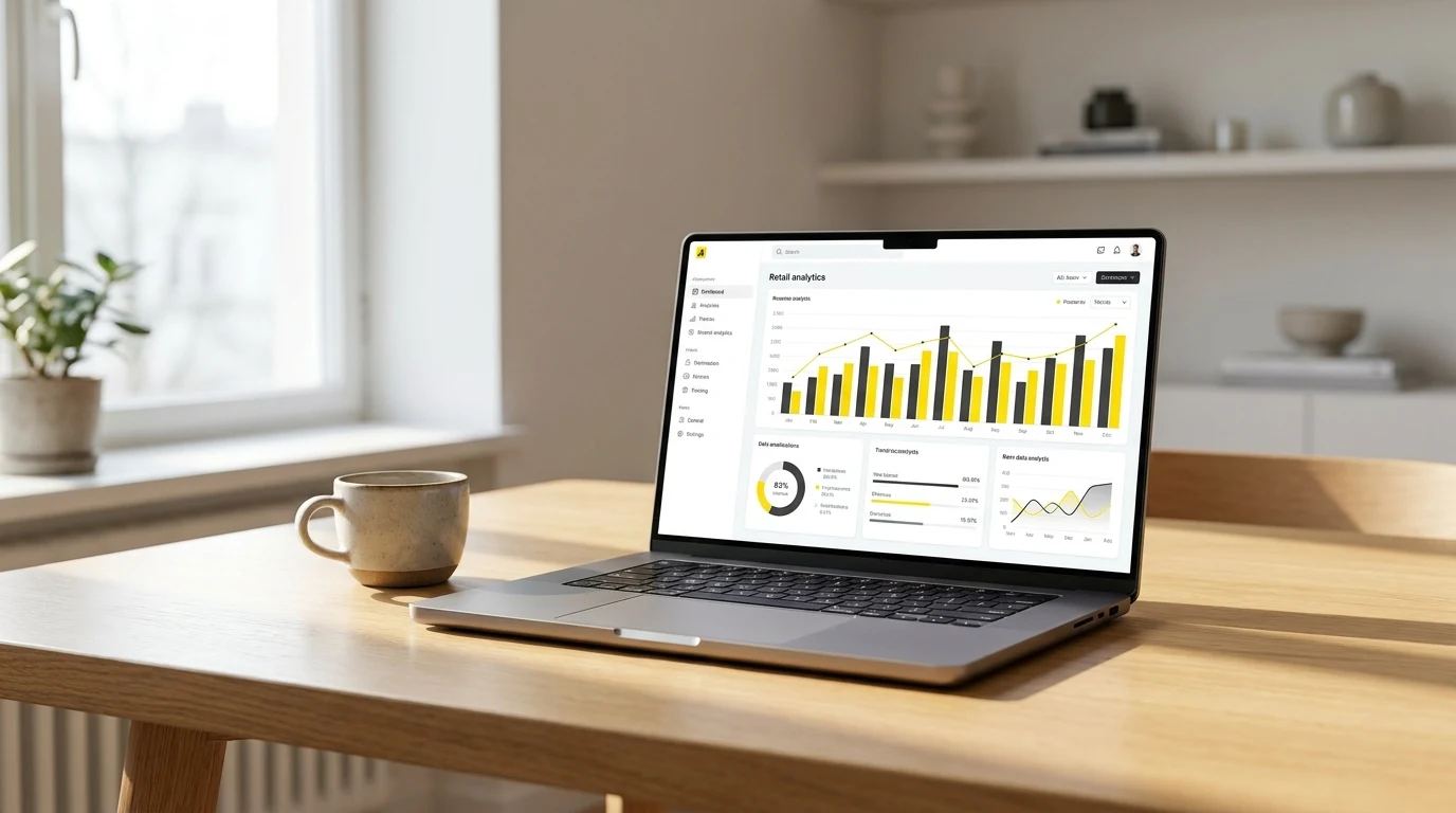 Generated product photo of a laptop showing a retail dashboard on an oak desk