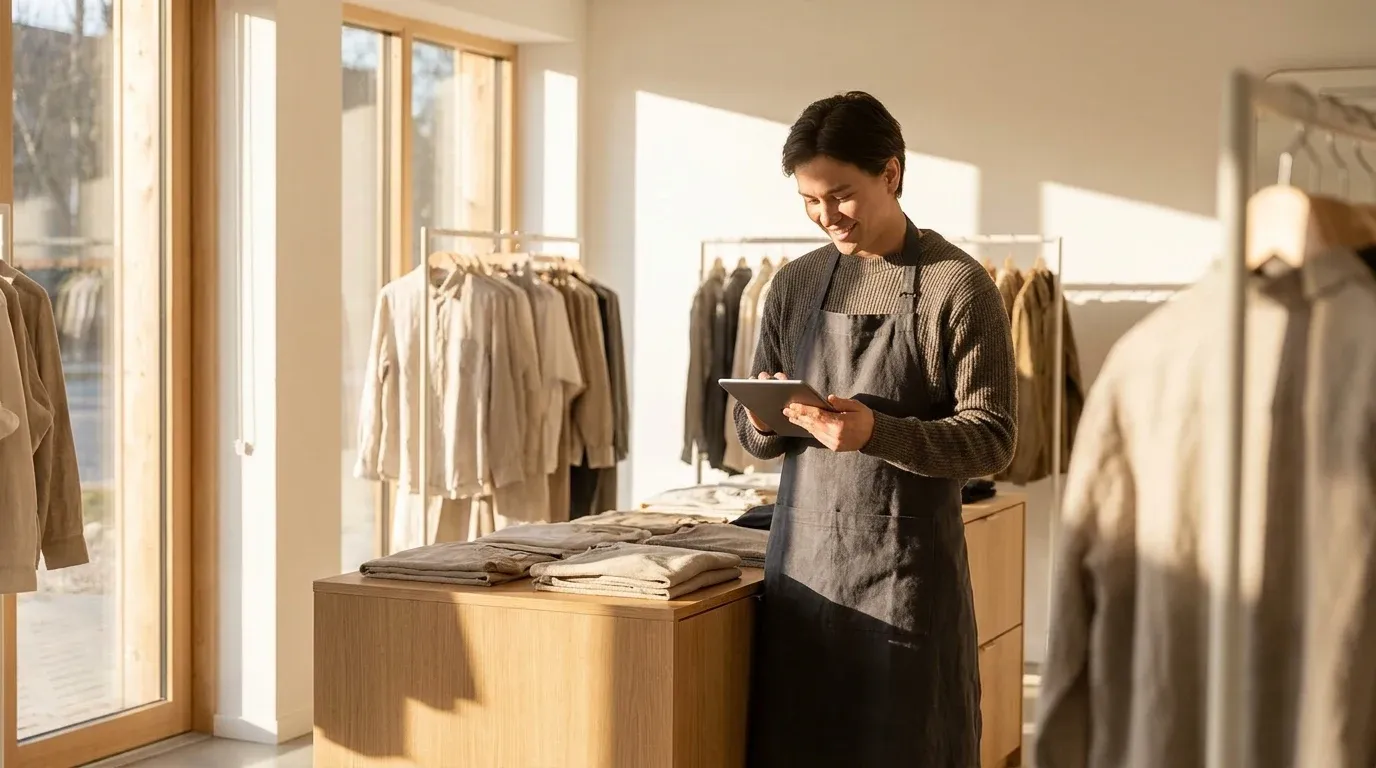 Generated reference image: a store manager smiling at a tablet in a sunlit clothing store