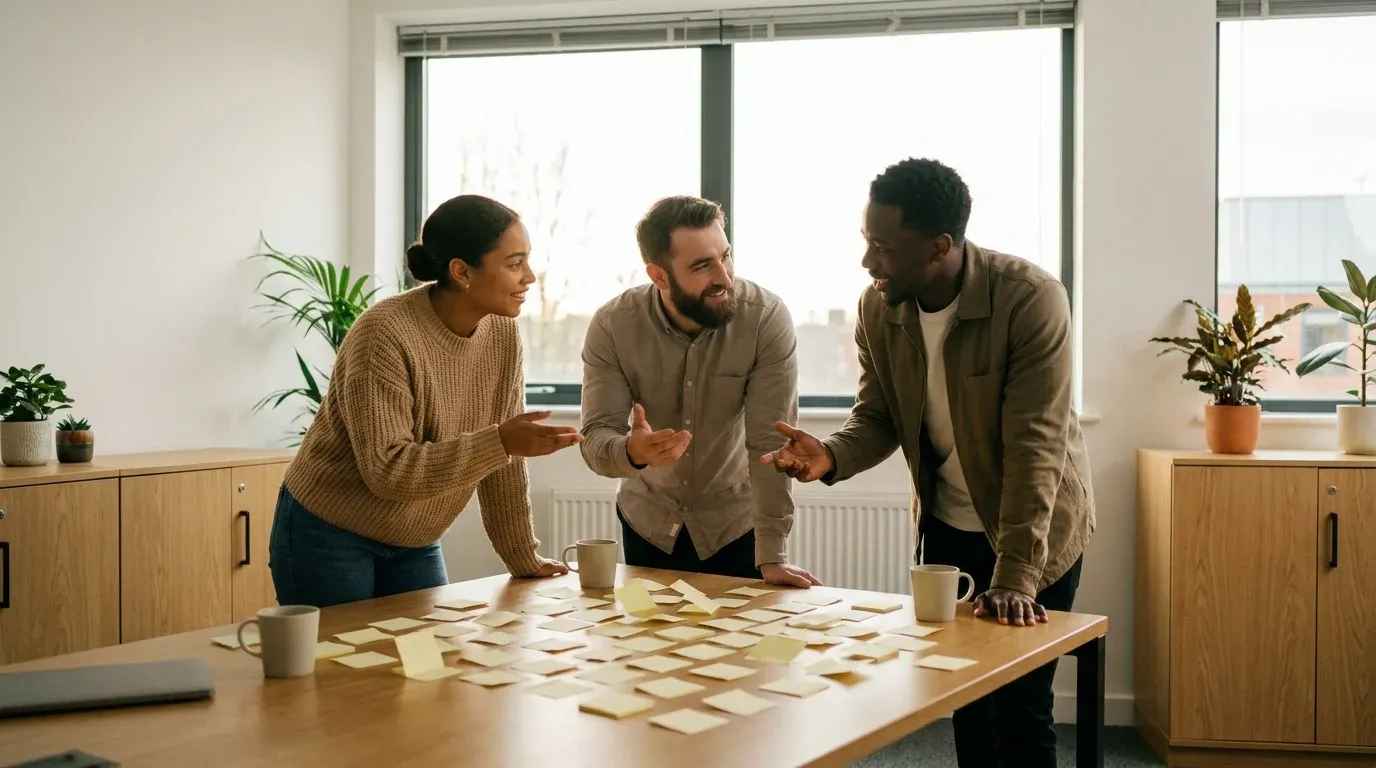 Generated reference image: a marketing team of three around a desk covered in yellow sticky notes