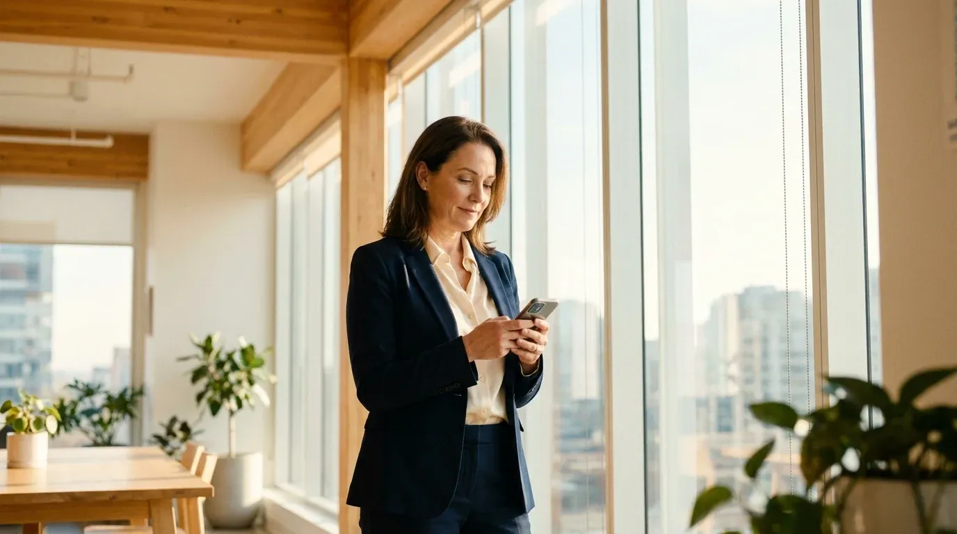 Generated reference image: a finance lead reading an email on her phone by a tall window