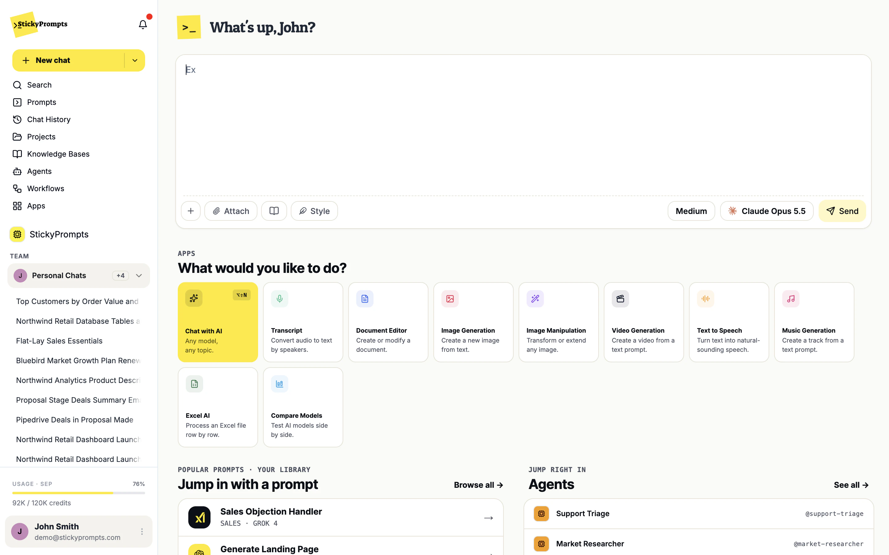 The StickyPrompts home screen: one composer, a model picker and every app one click away