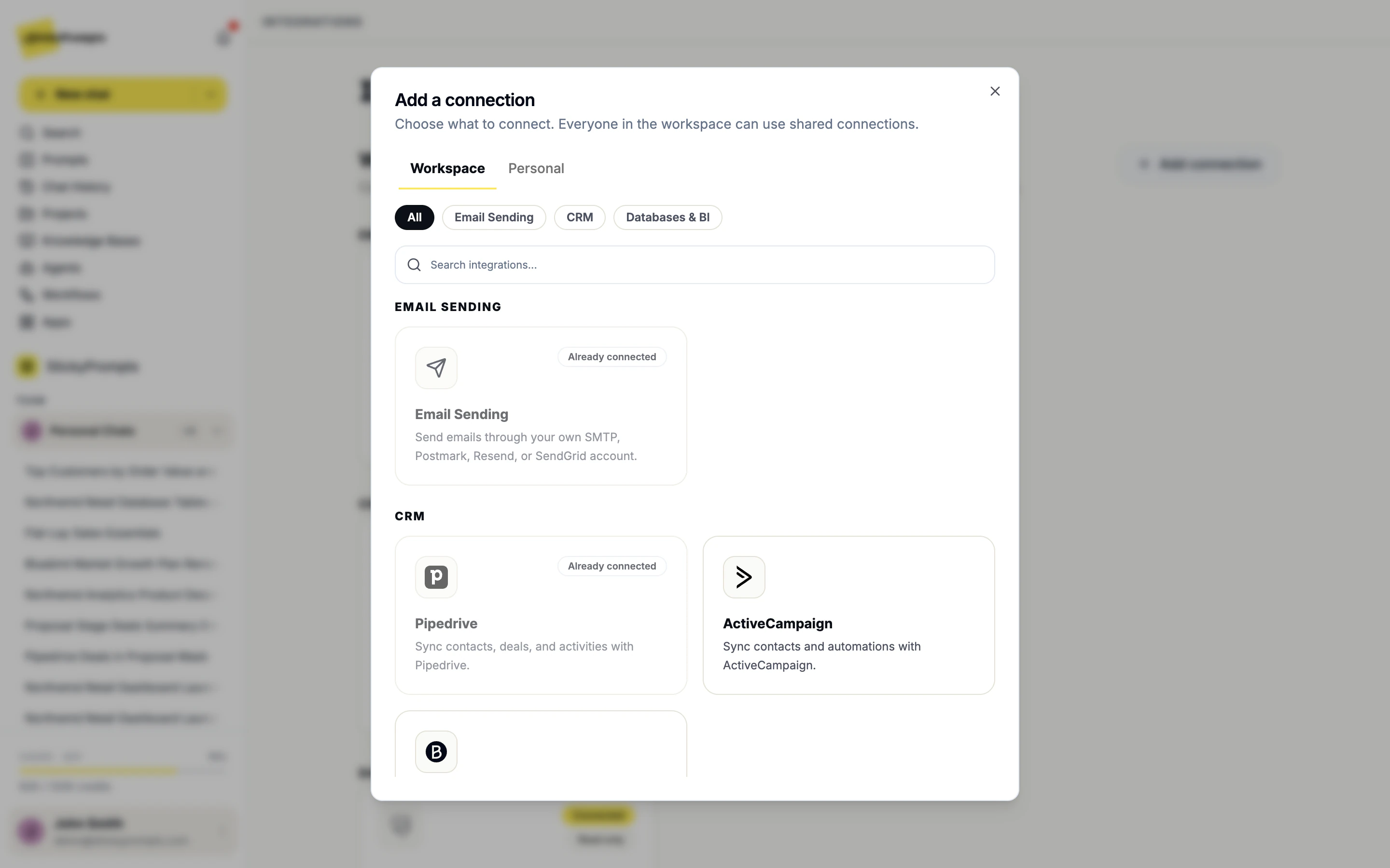 Adding a connection: email sending, CRM, and databases