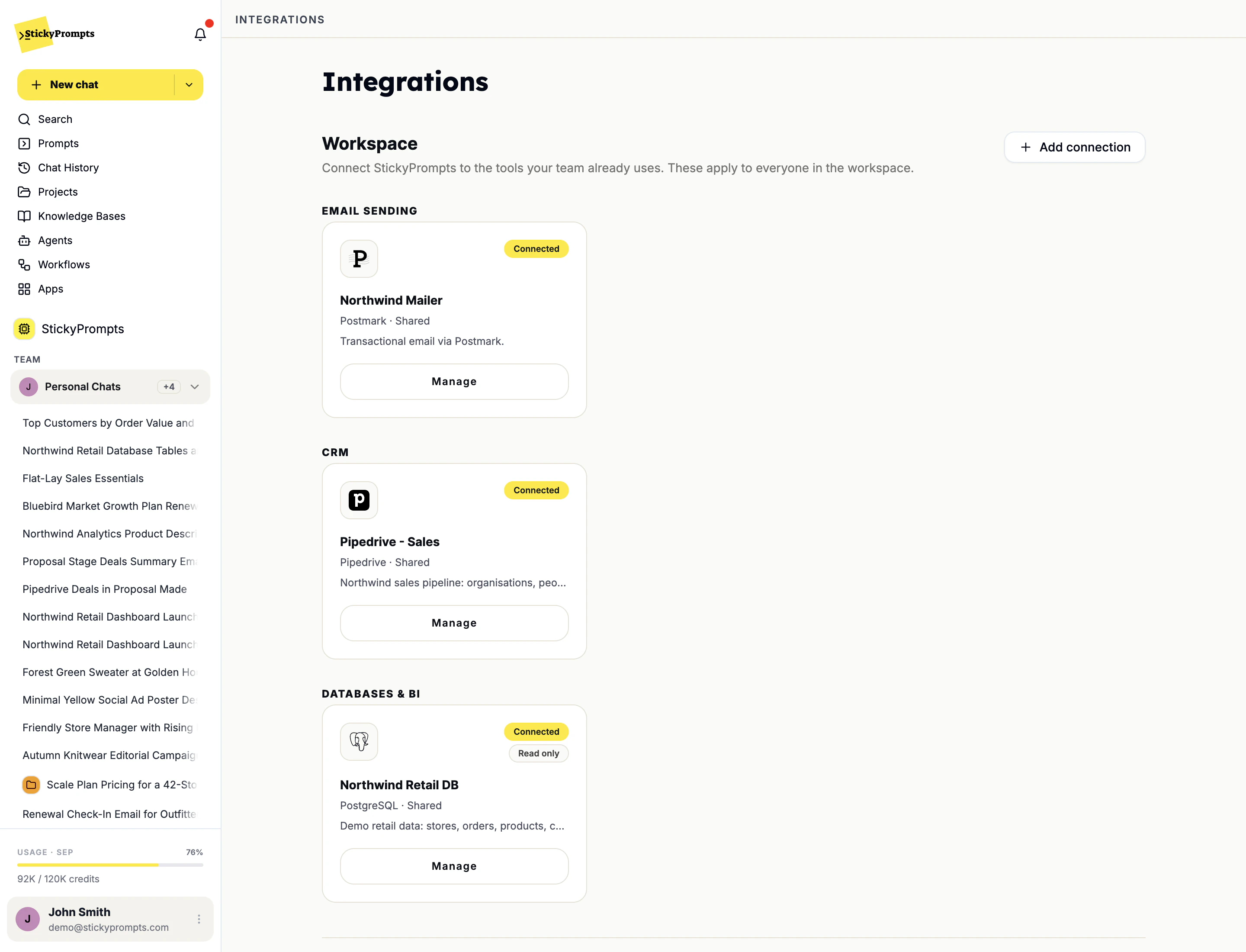 Integrations: Postmark email, Pipedrive CRM and a PostgreSQL database shared with the workspace