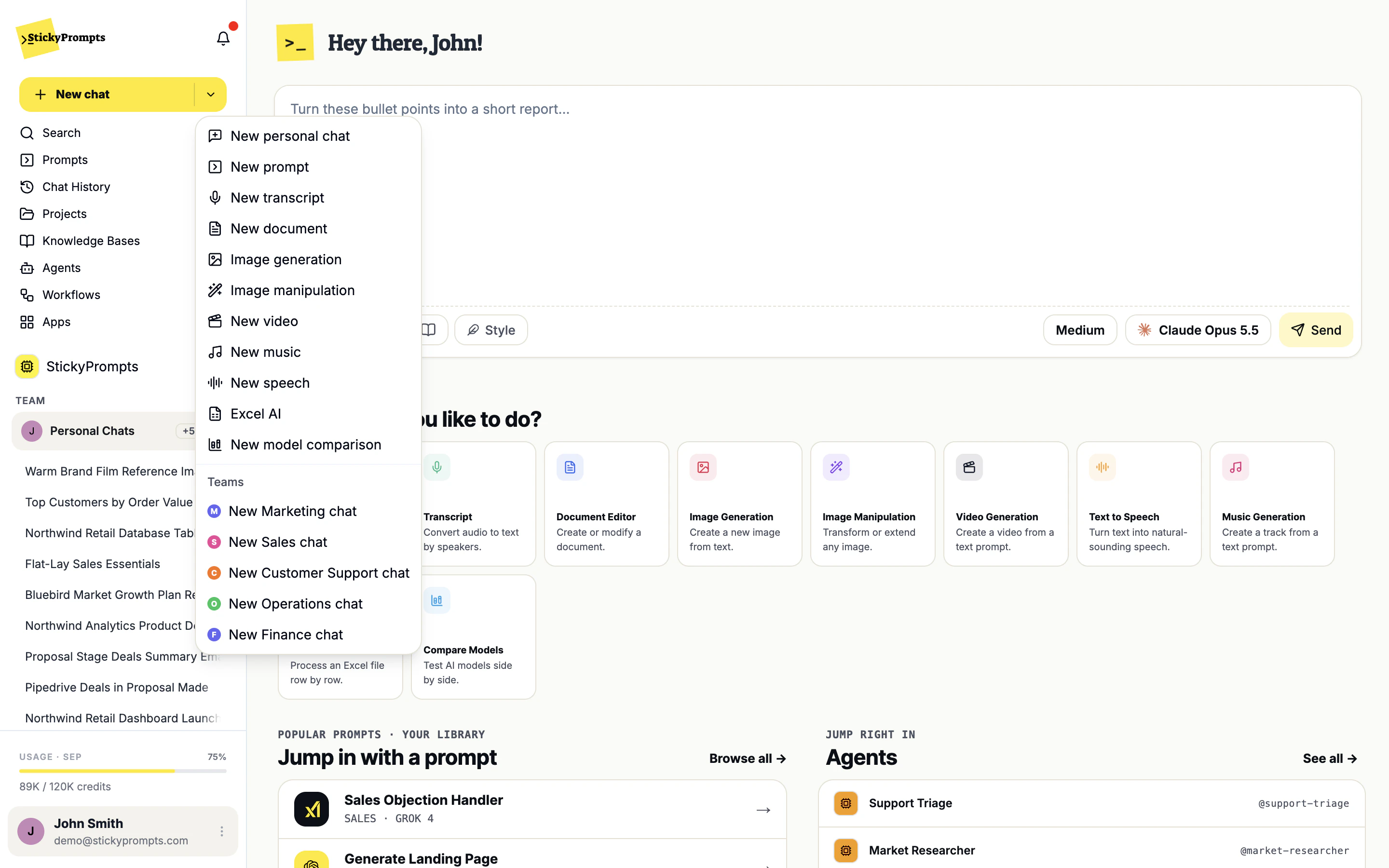 The New chat menu: a personal chat, every app, and a new chat for each of your teams