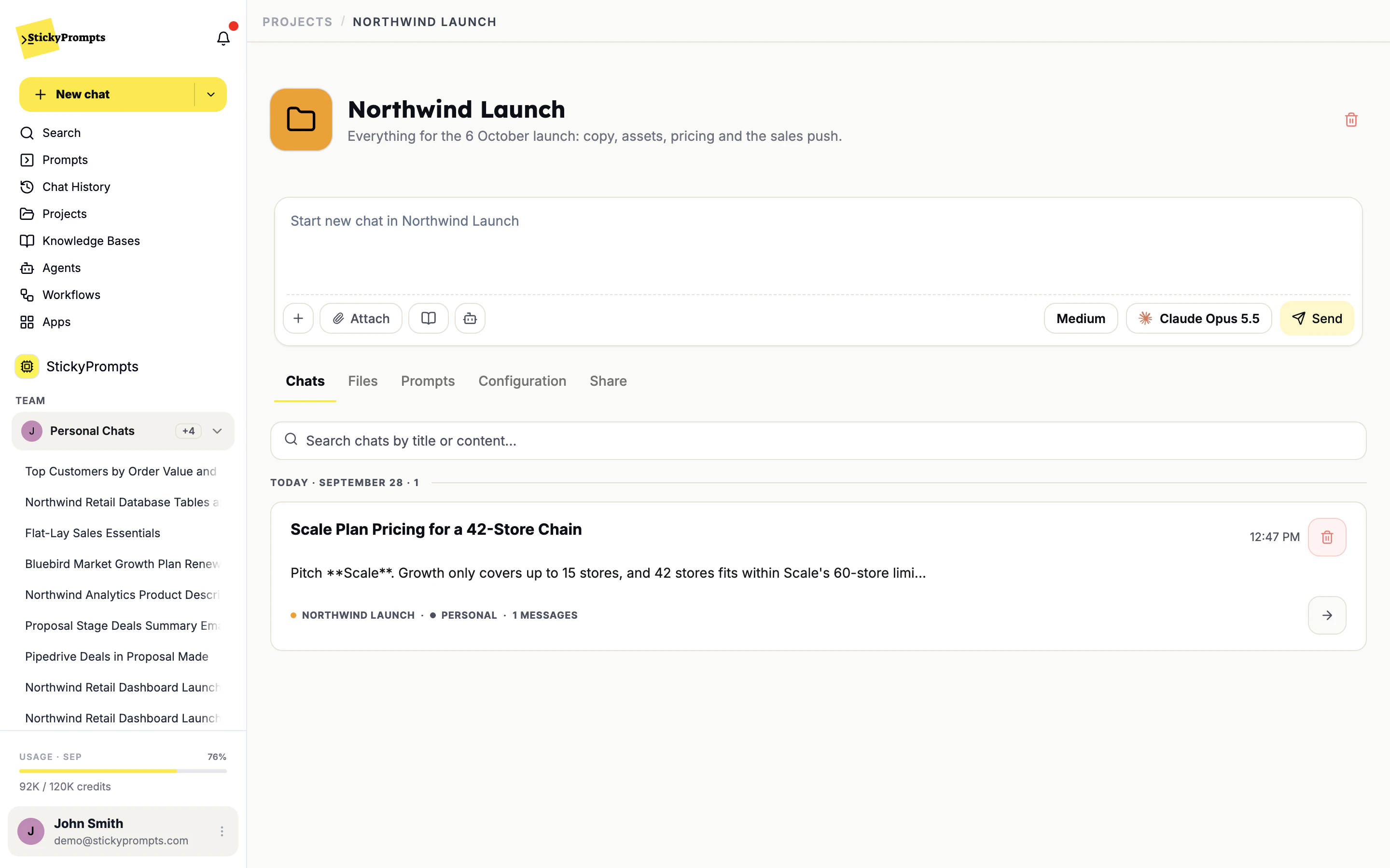 The Northwind Launch project with its own chats, files and prompts