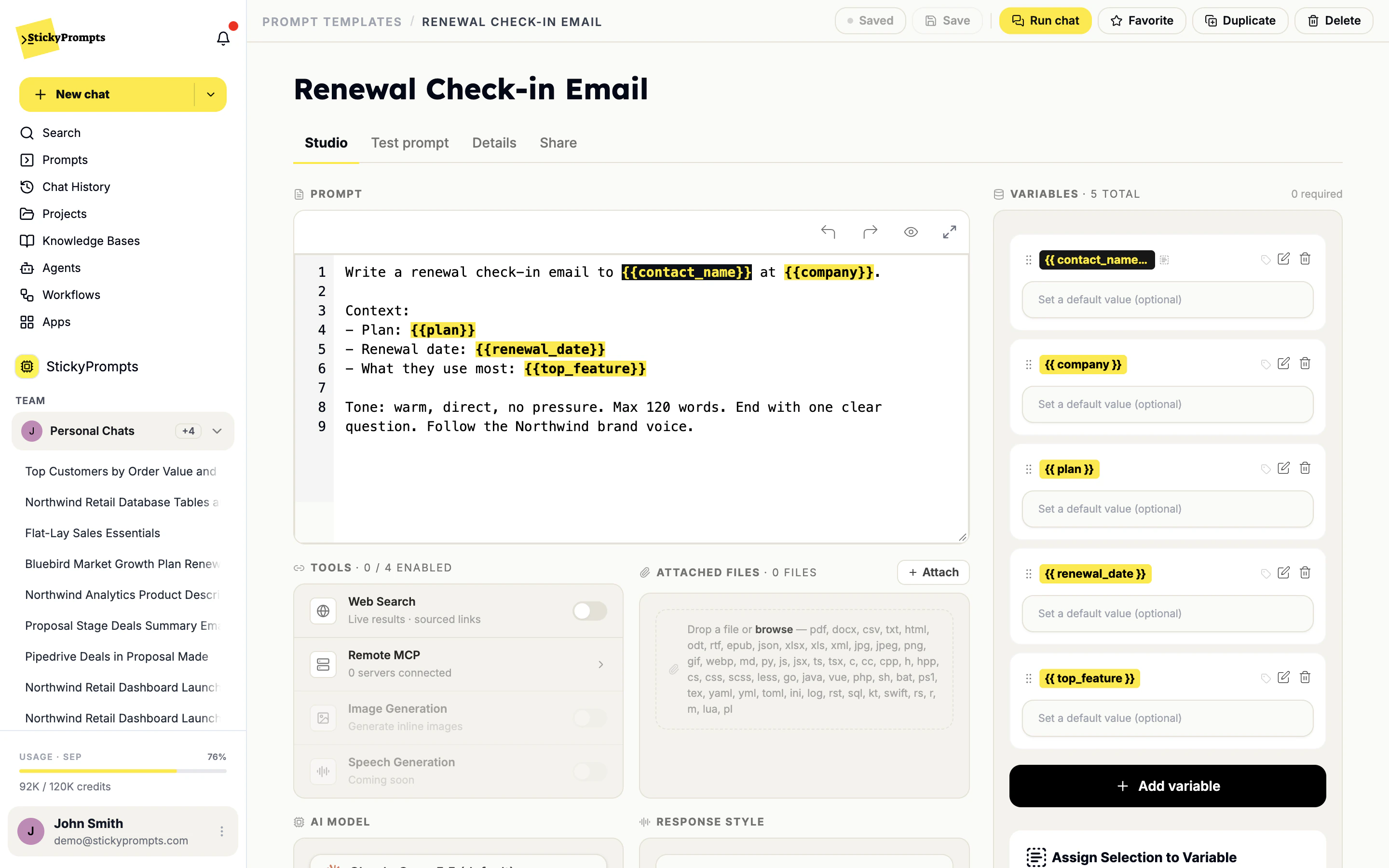 The prompt editor with variables detected automatically from {{placeholders}}