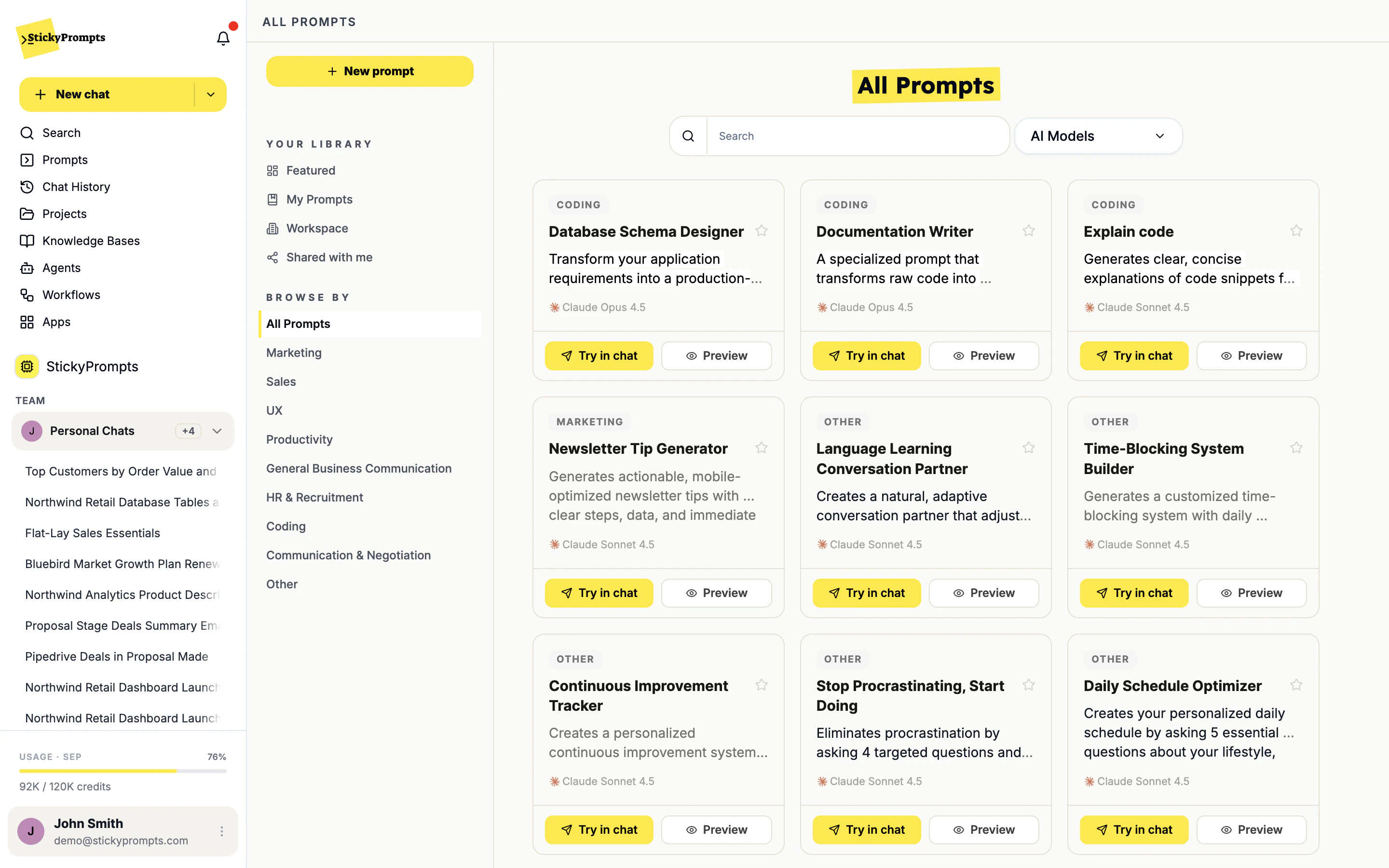 The prompt library: featured, personal, workspace and shared prompts by category
