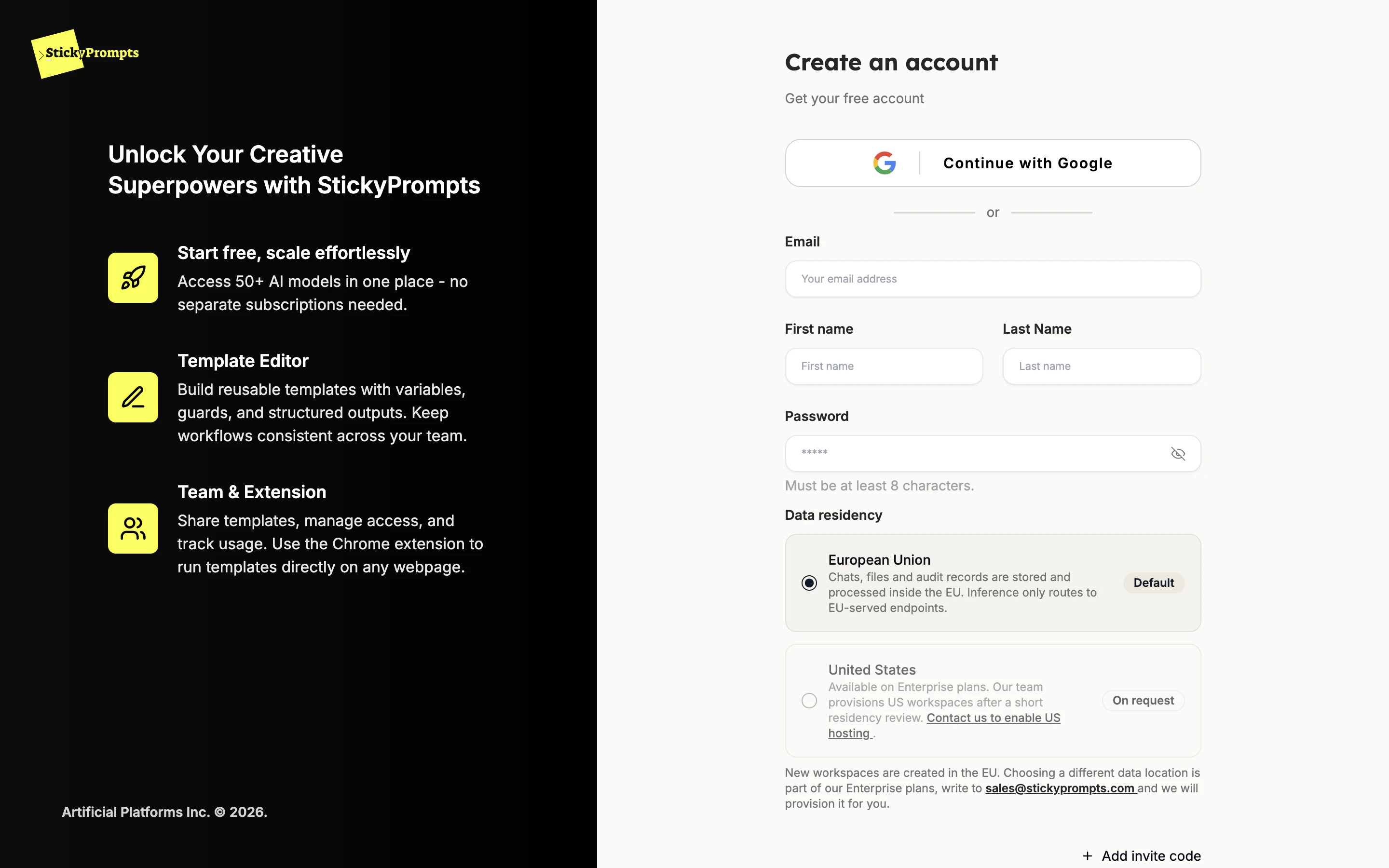 Create an account: Google or email, and choose where your data lives - the EU by default