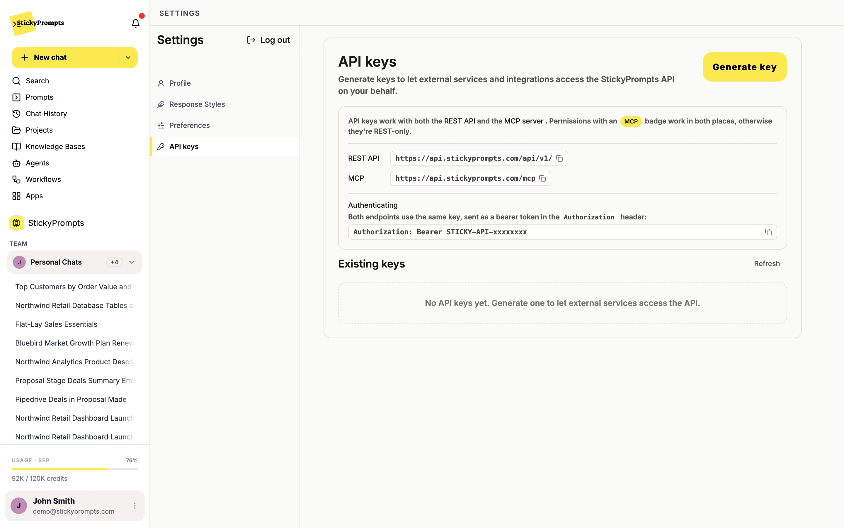 API keys: one key works for the REST API and the MCP server
