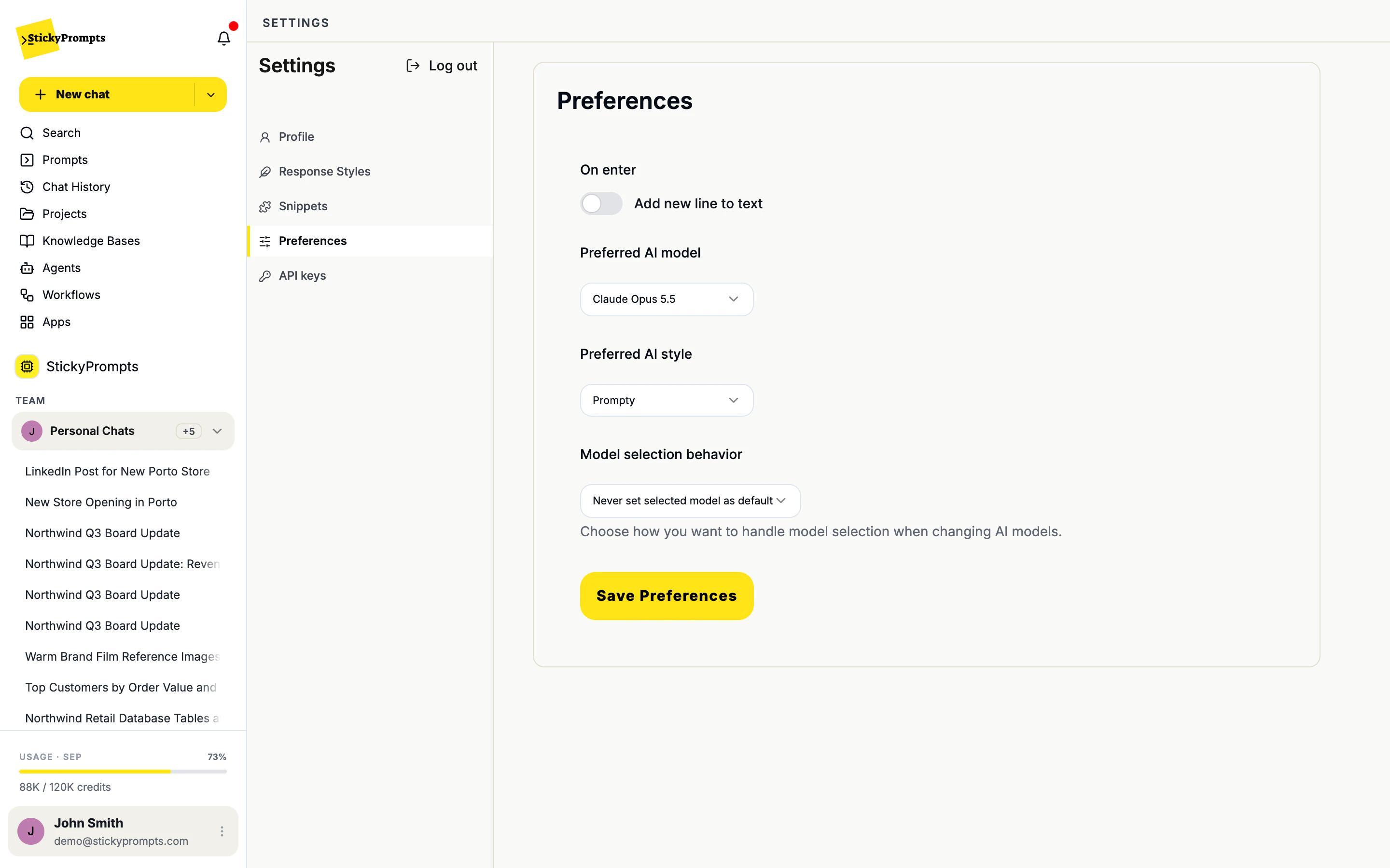 Preferences: what Enter does, your preferred model and style, and what happens when you switch models