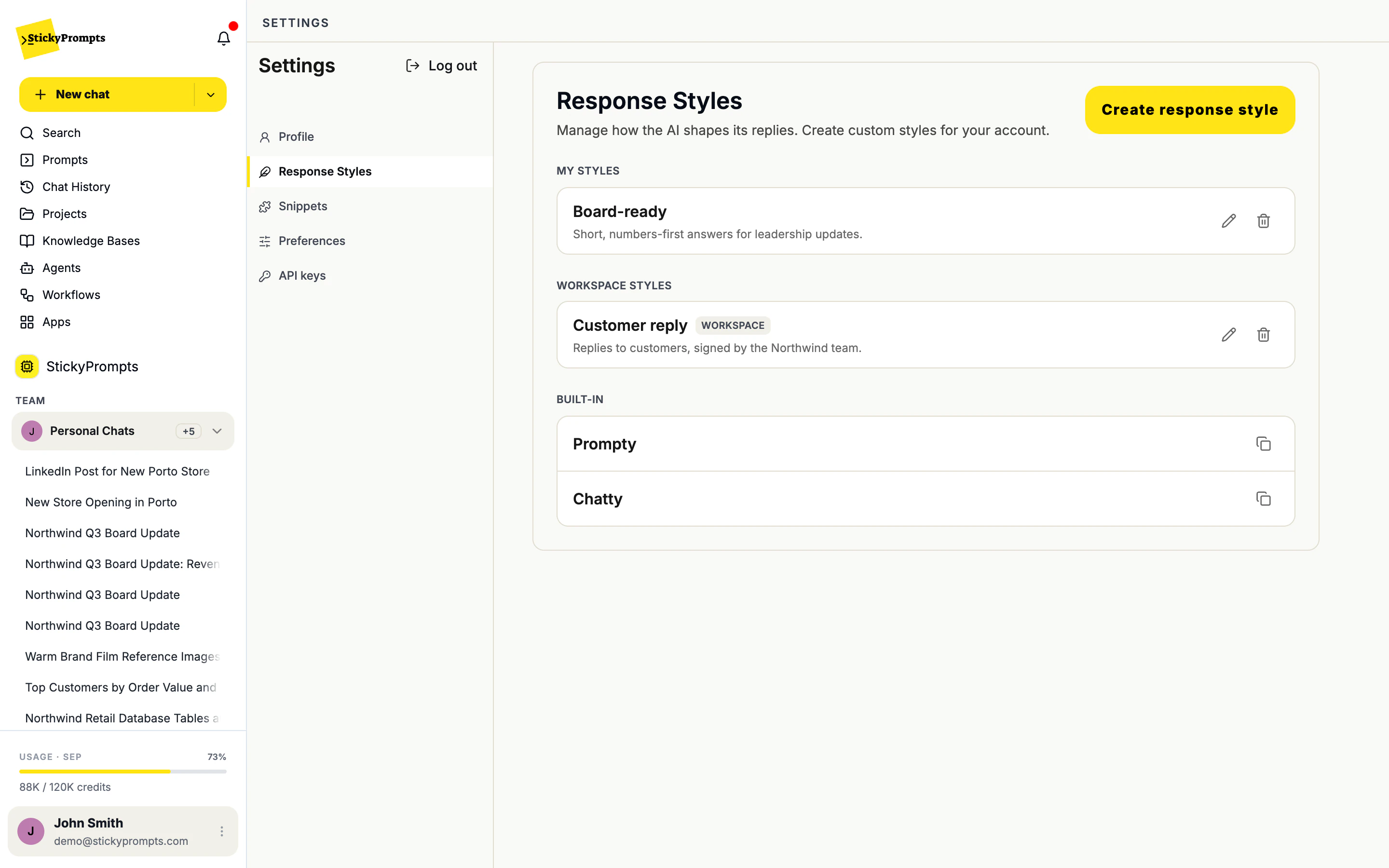 Response styles: your own Board-ready style, the workspace's Customer reply style, and the built-in Prompty and Chatty