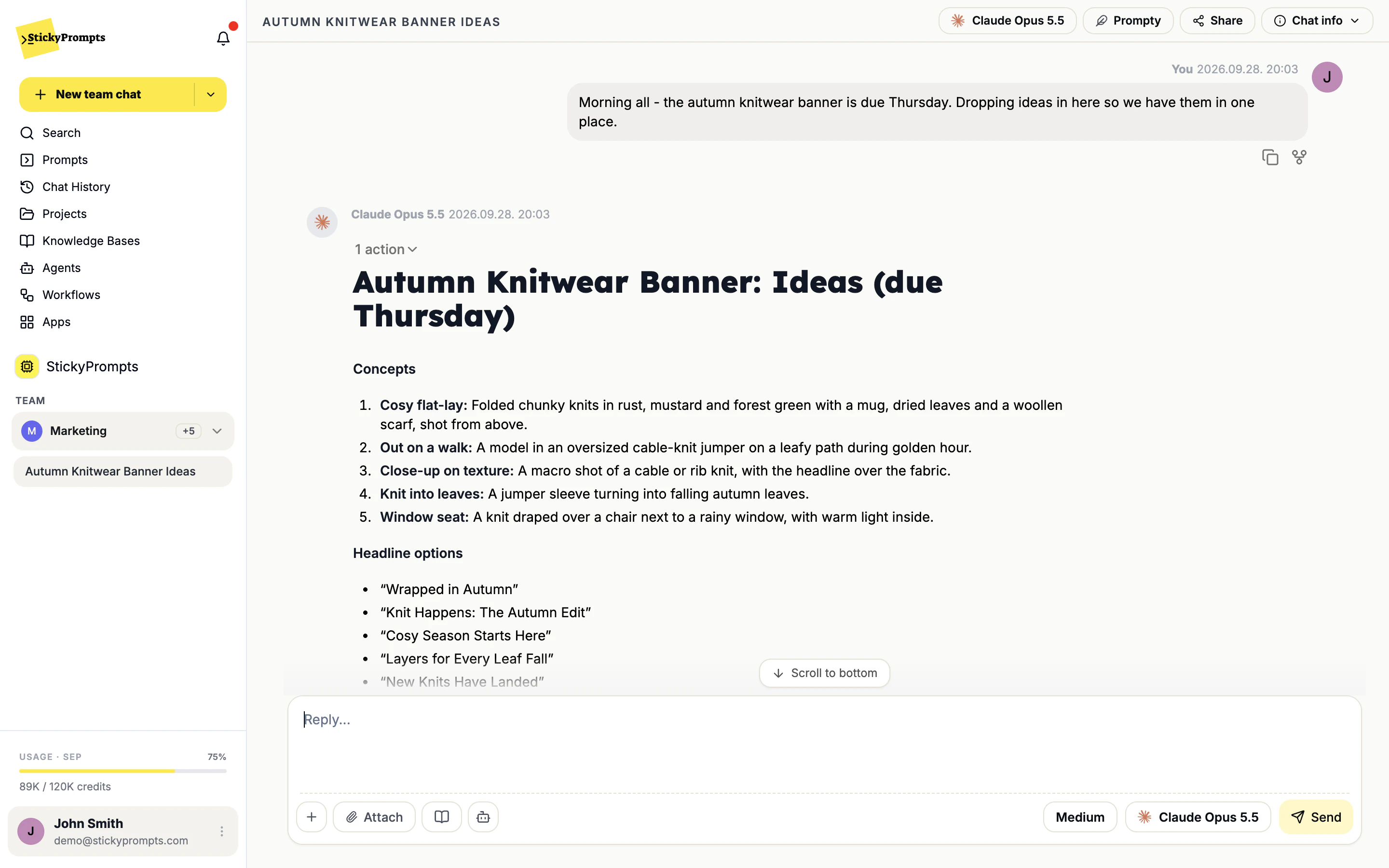 A Marketing team chat about the autumn banner, with the AI's ideas kept in the thread for everyone