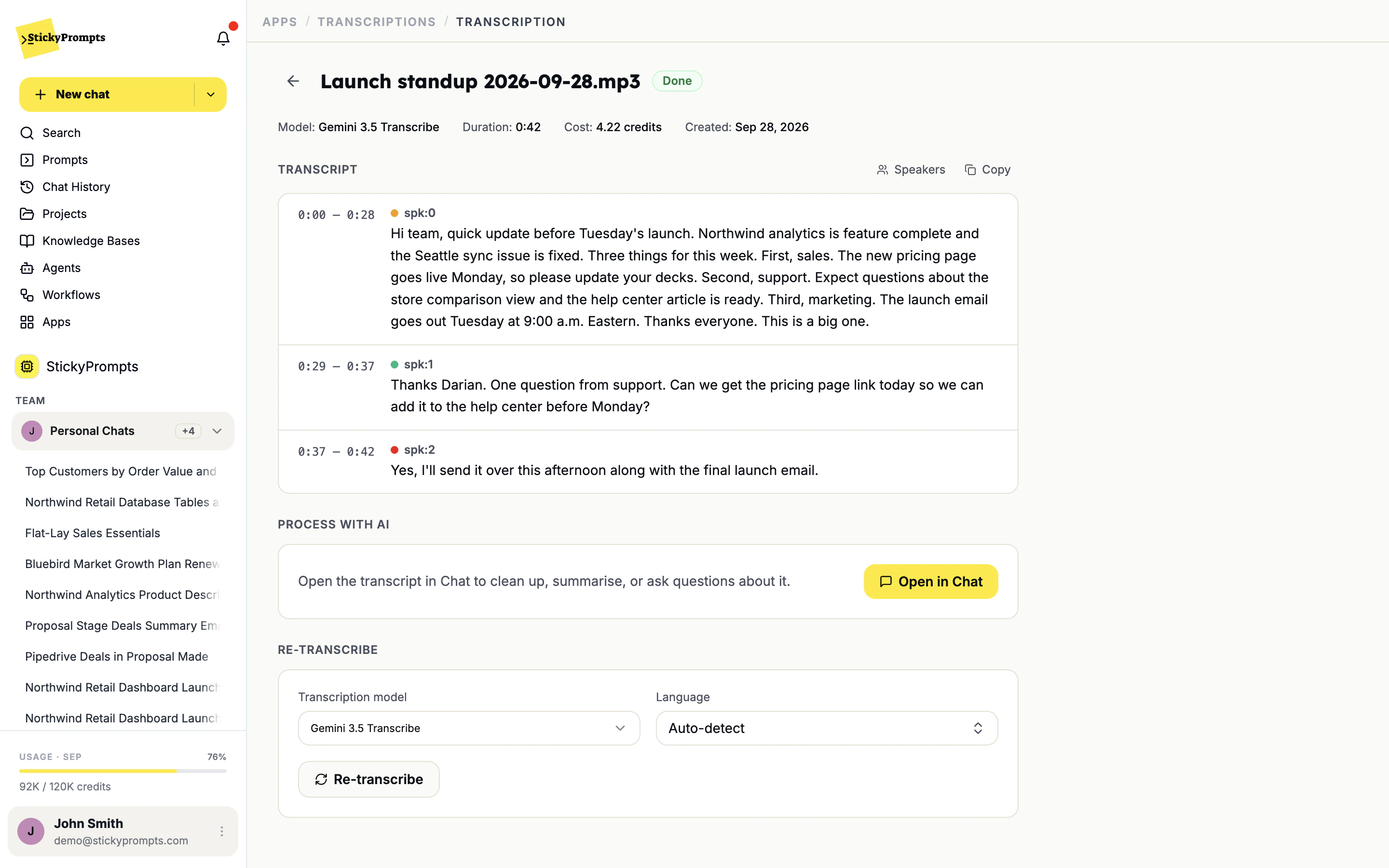 A meeting transcript split by speaker with timestamps