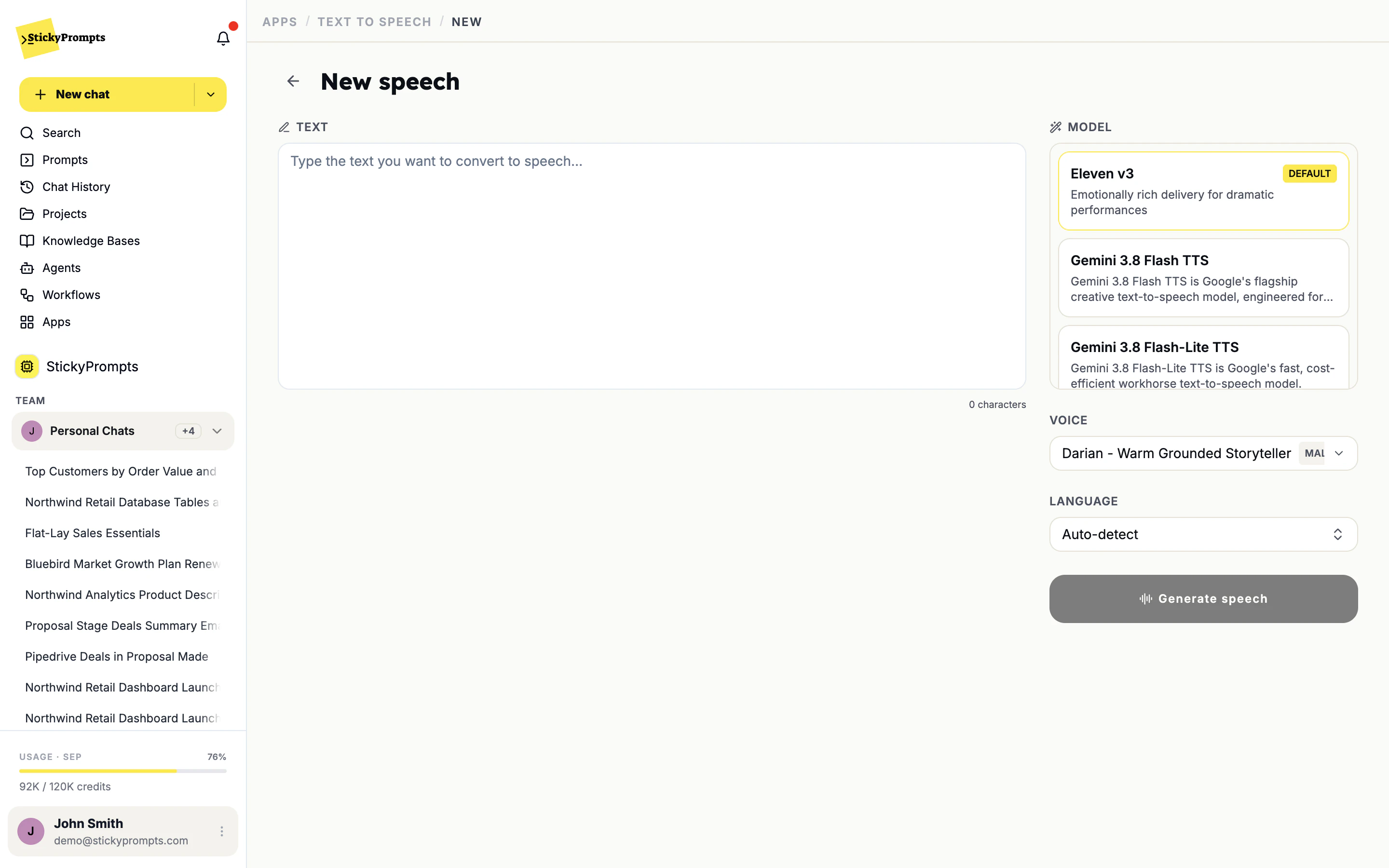Text to speech: choose the model, voice and language