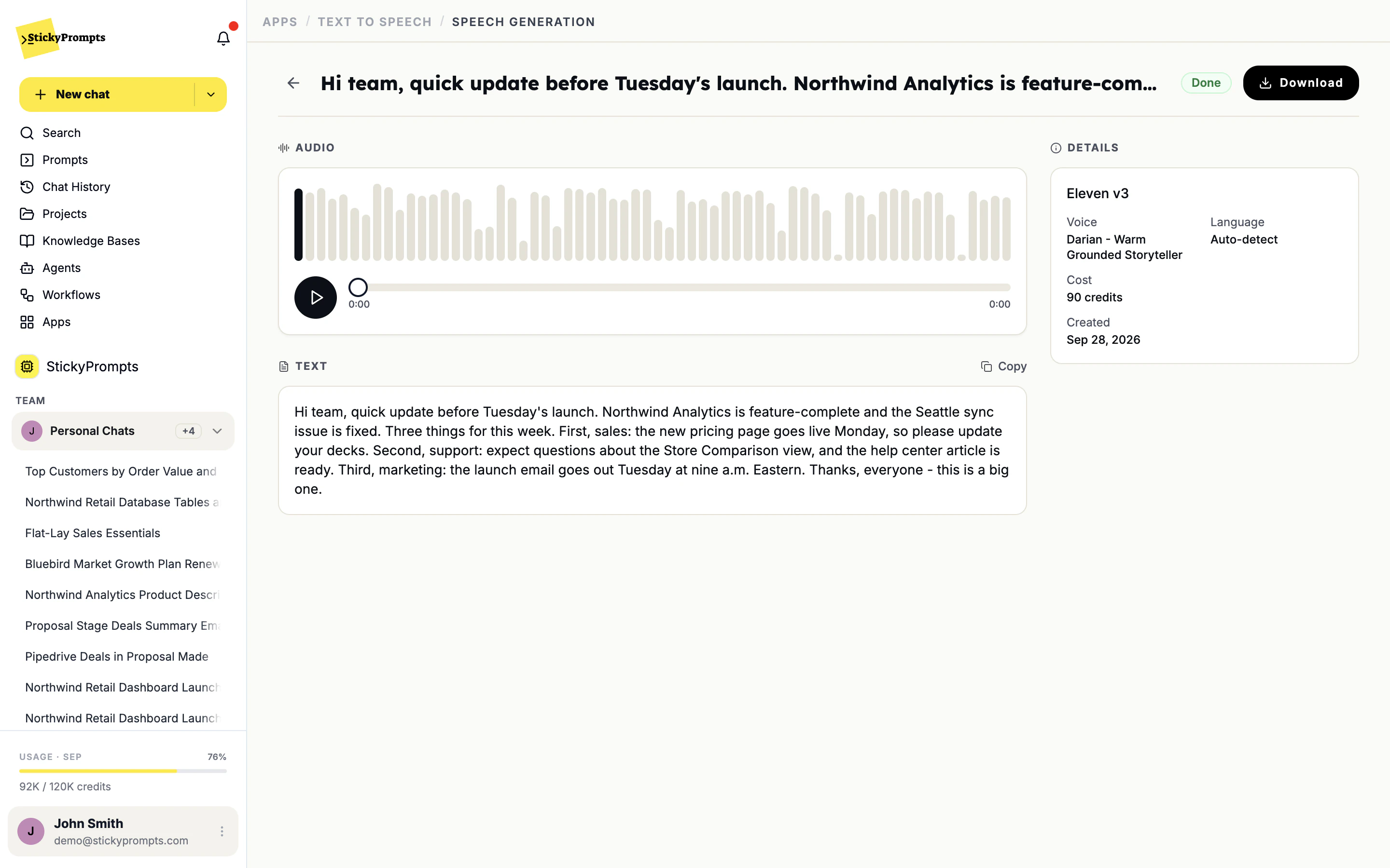 Generated speech ready to play and download