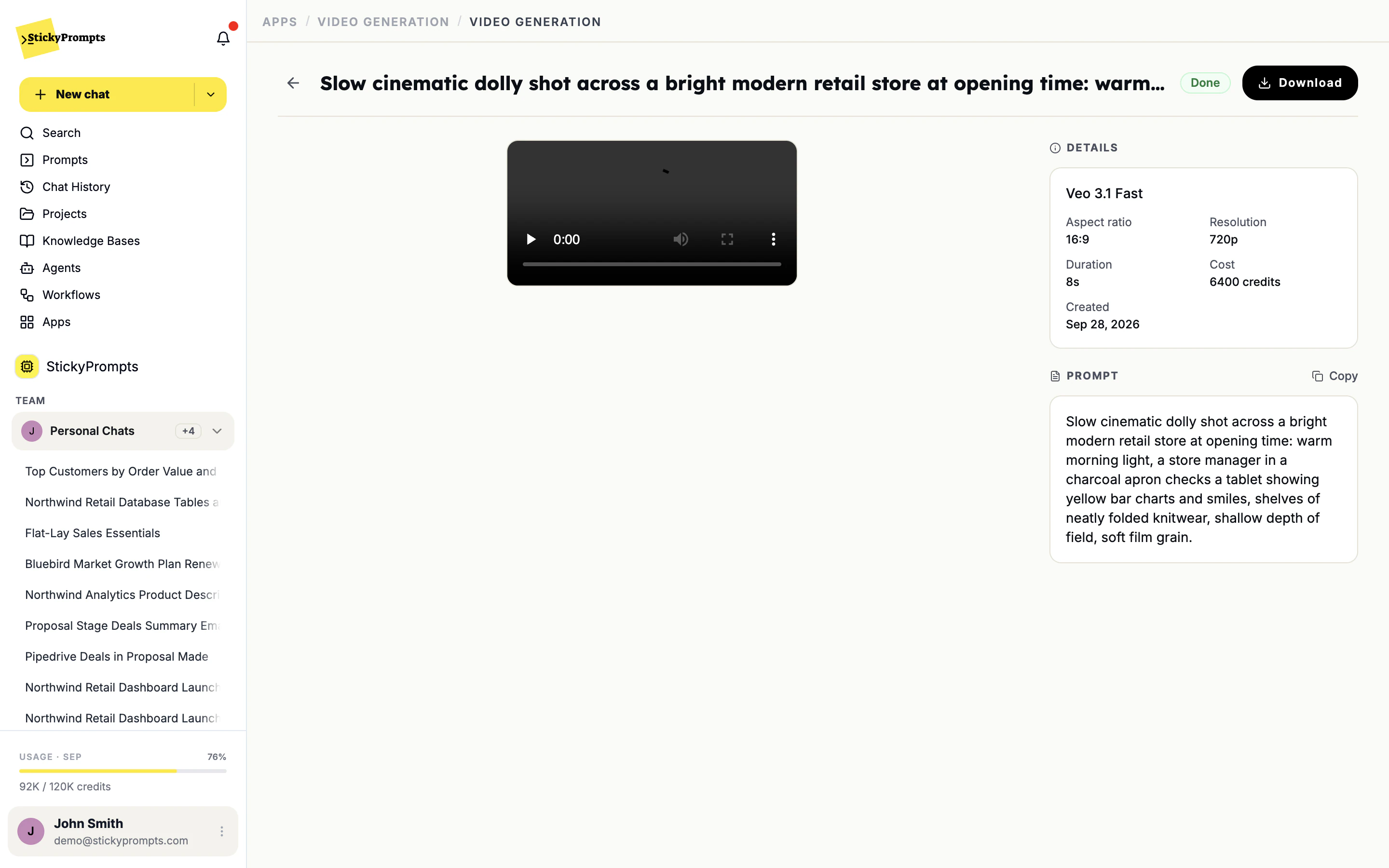 A generated Veo 3.1 clip with its prompt and cost