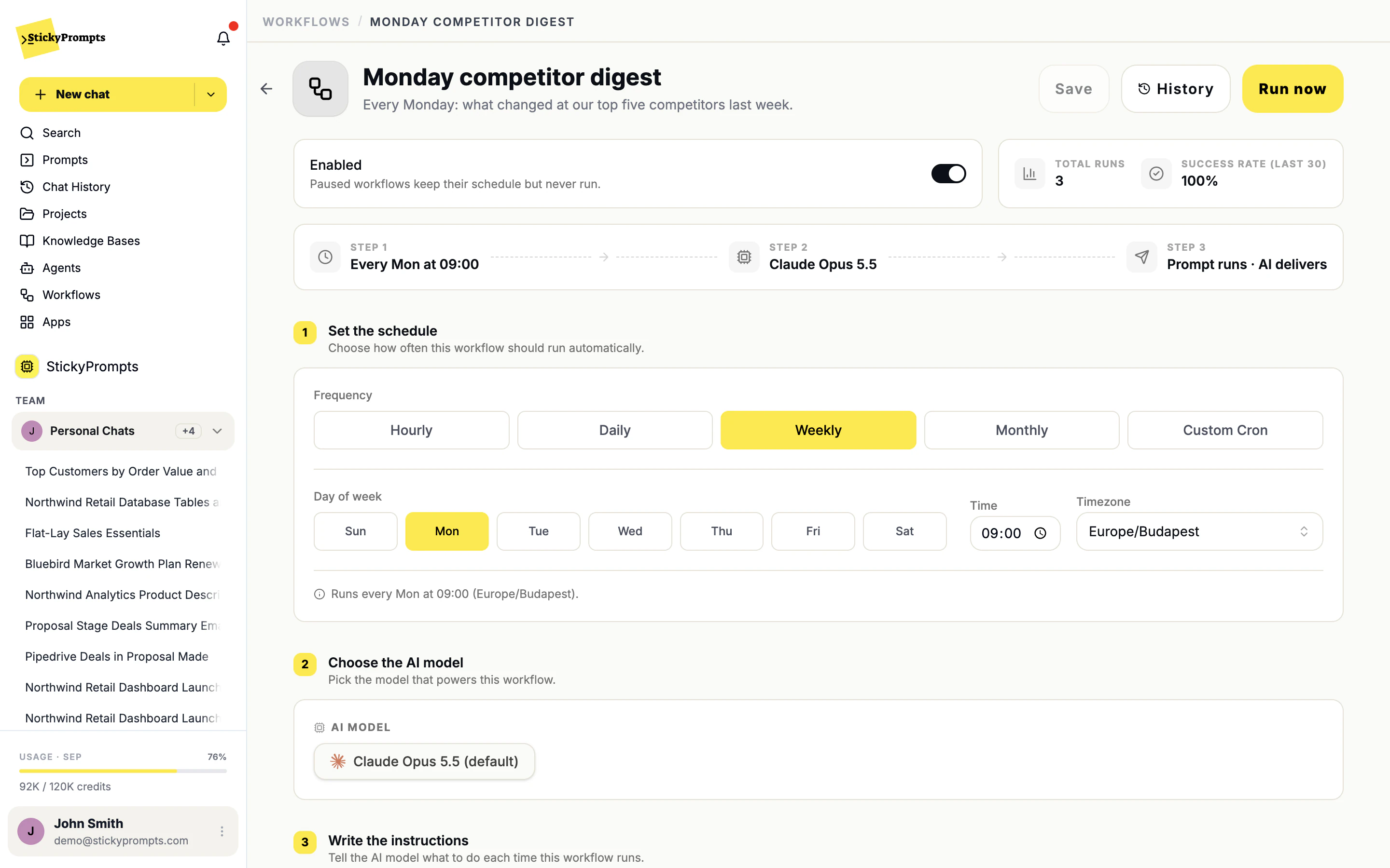 A workflow: schedule, model and instructions in three steps, with Run now