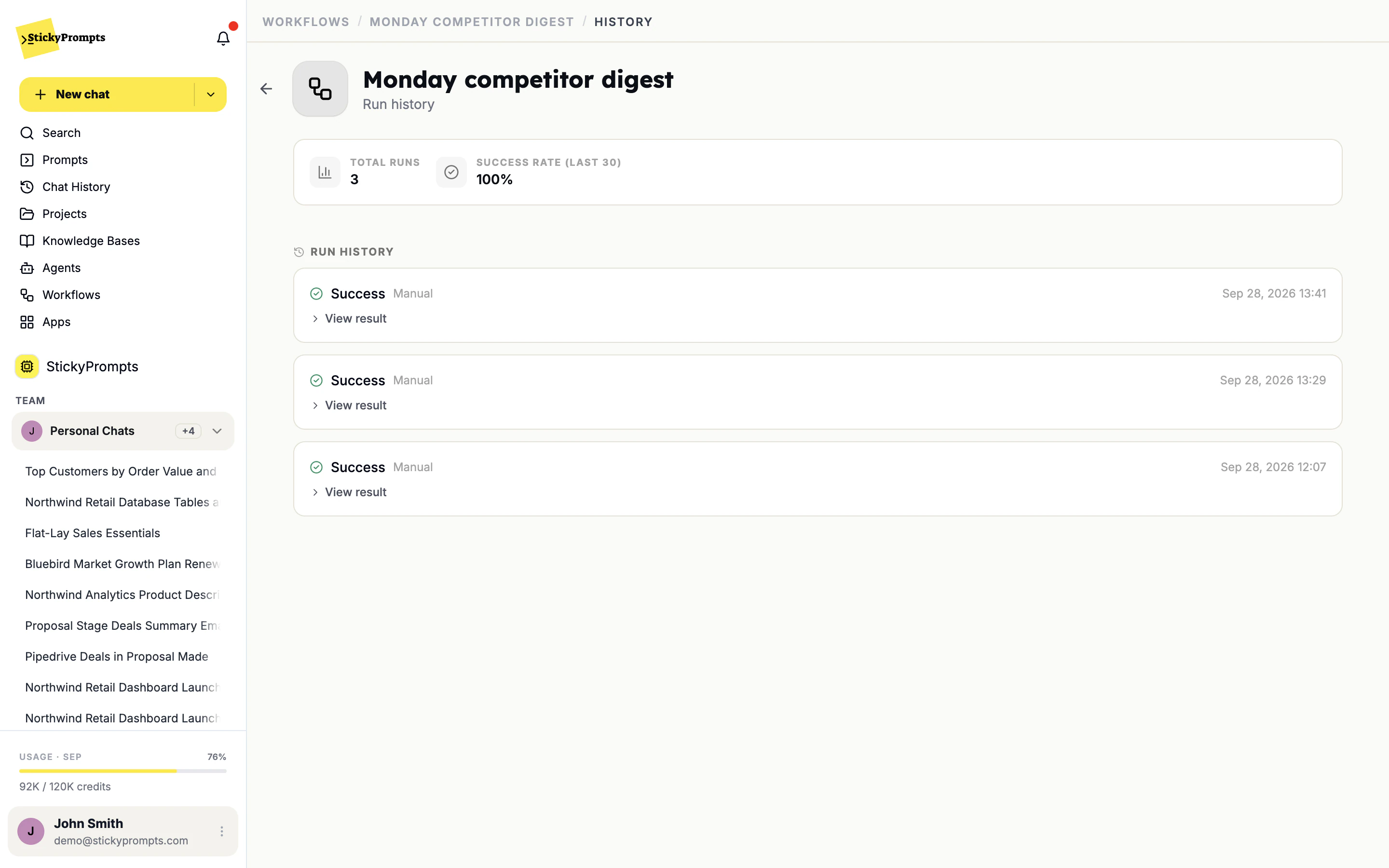 Workflow run history with a 100% success rate