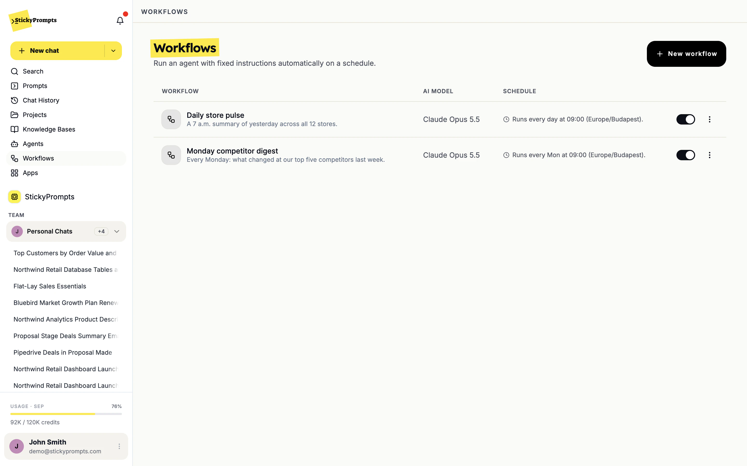Two workflows running in the Northwind demo workspace: a daily store pulse at 09:00 and a Monday competitor digest, both on Claude Opus 5.5