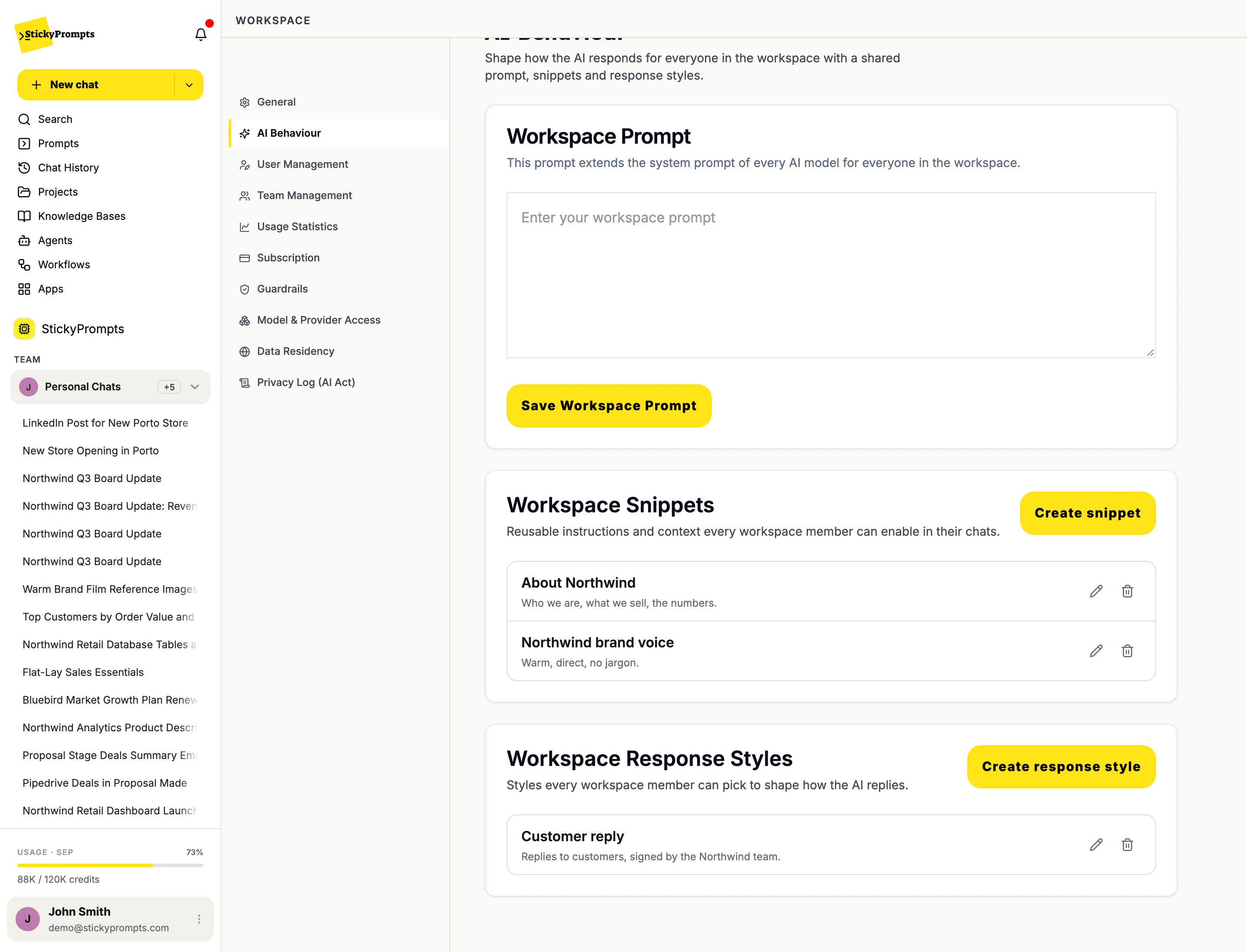 Workspace settings, AI Behaviour: the workspace prompt, workspace snippets and workspace response styles