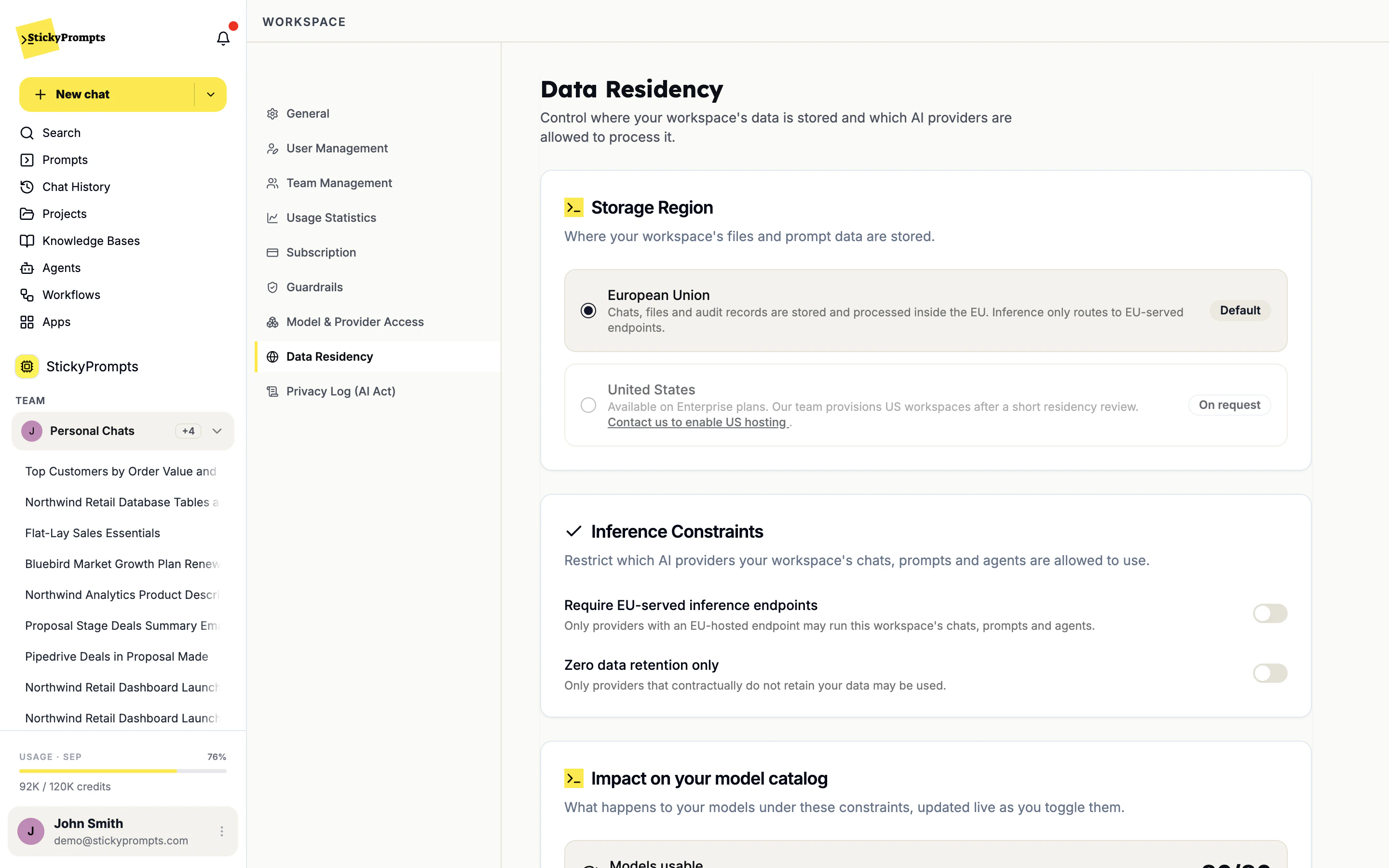 Data residency: EU storage by default, EU-served inference and zero-retention constraints