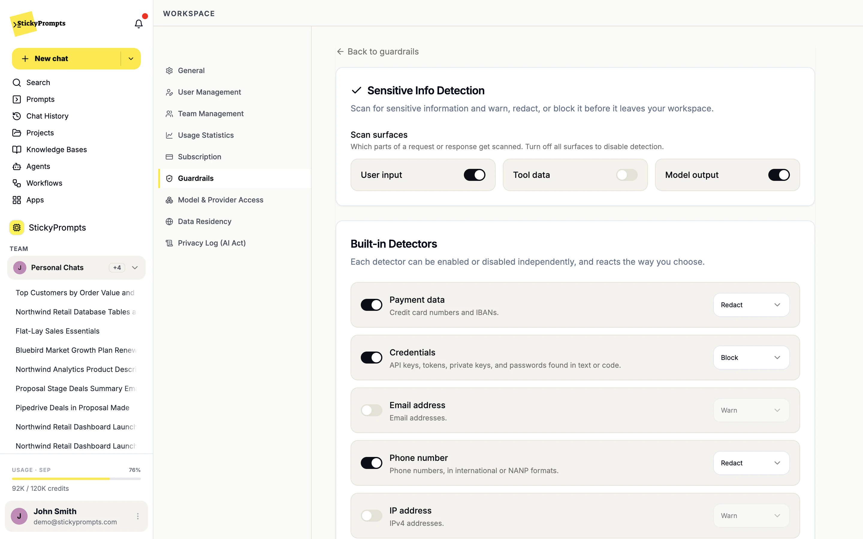 Sensitive info detection: choose surfaces and warn, redact or block per detector