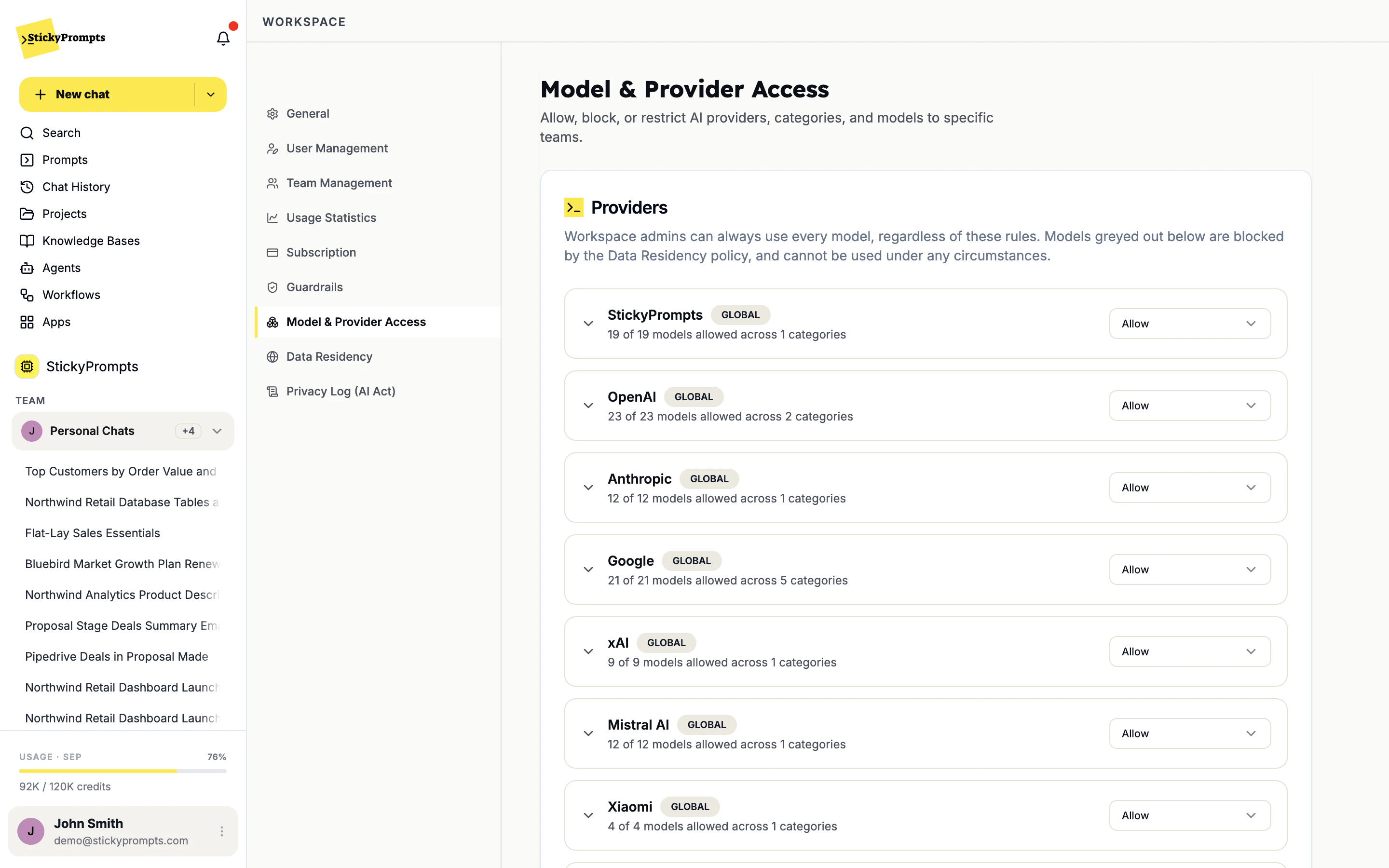 Model & provider access: allow, block or limit providers to specific teams