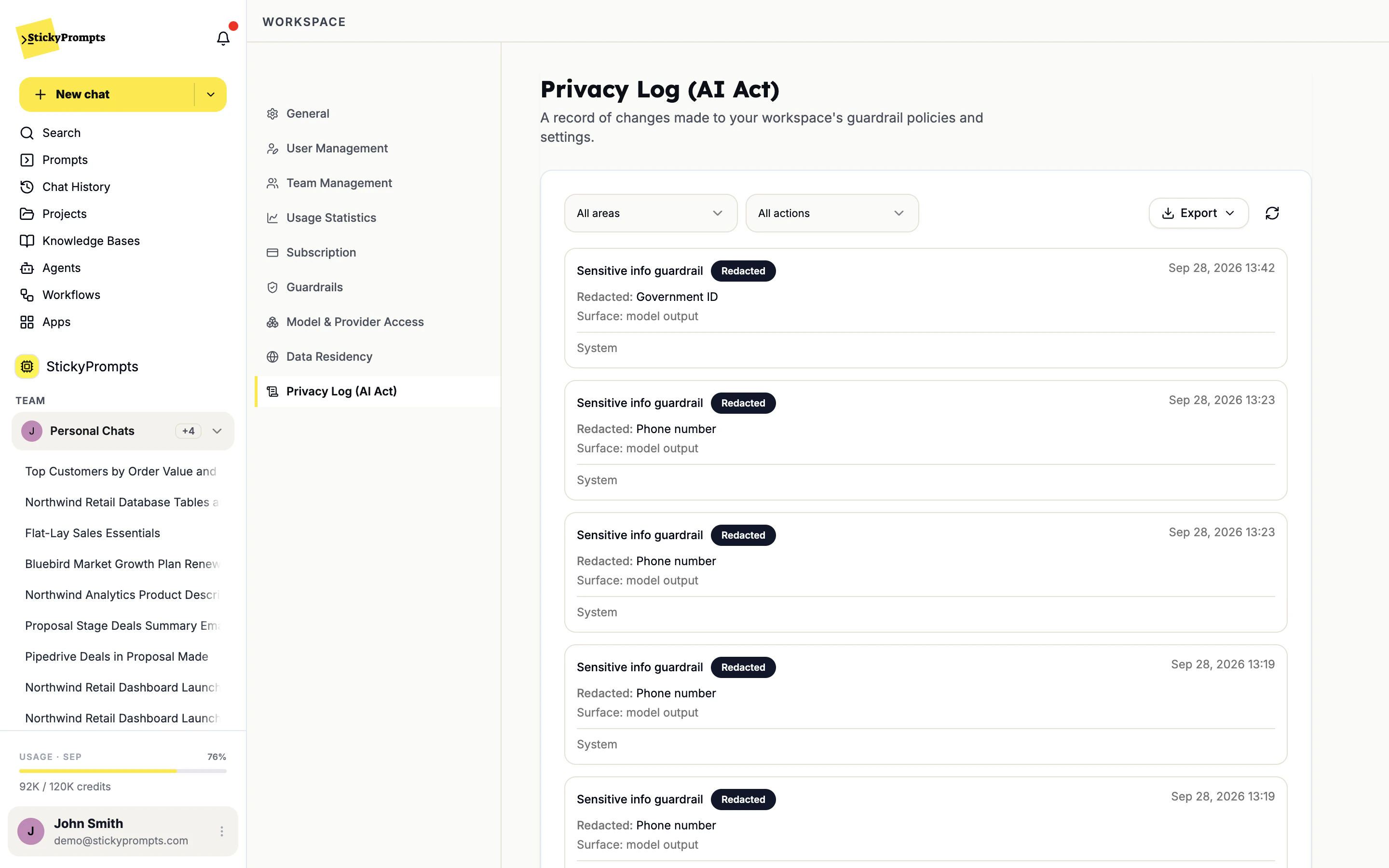 The privacy log (AI Act): every redaction and policy change, exportable