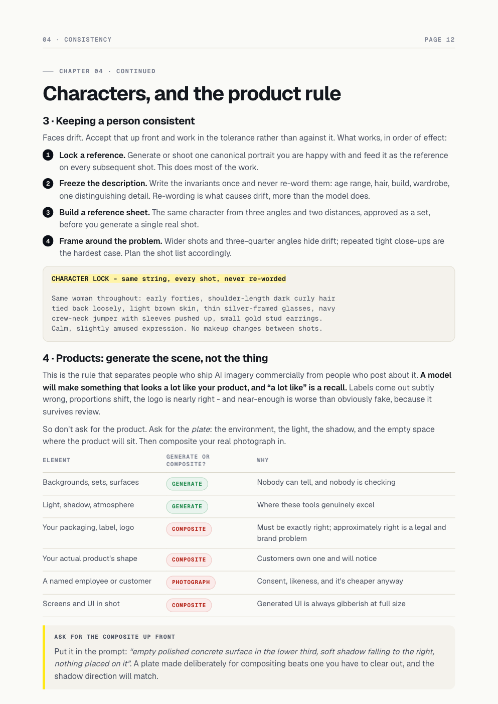 Page 12: keeping a character consistent, and a table of which elements to generate versus composite.
