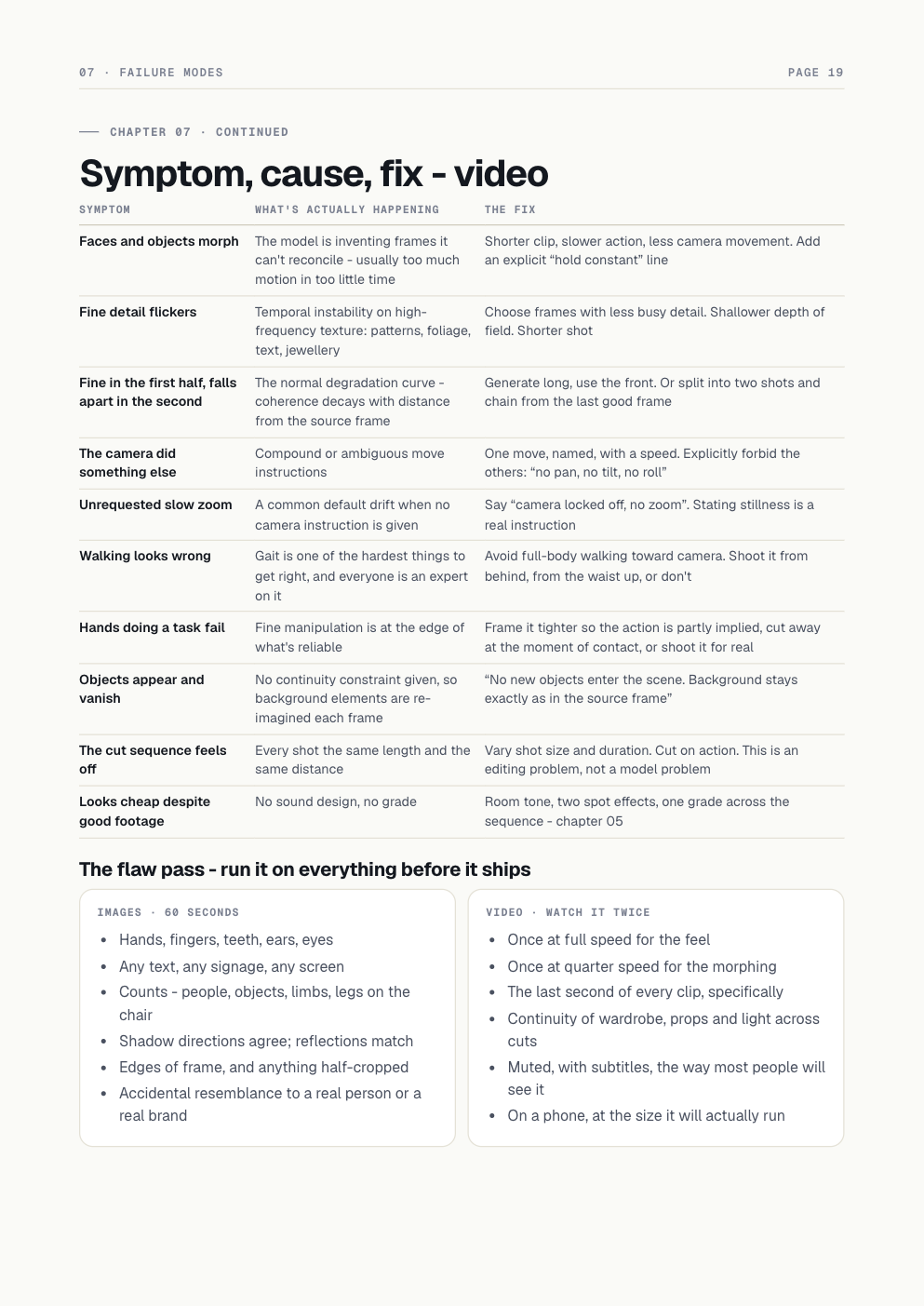 Page 19: video failure modes mapped to causes and fixes, plus the flaw pass checklist.