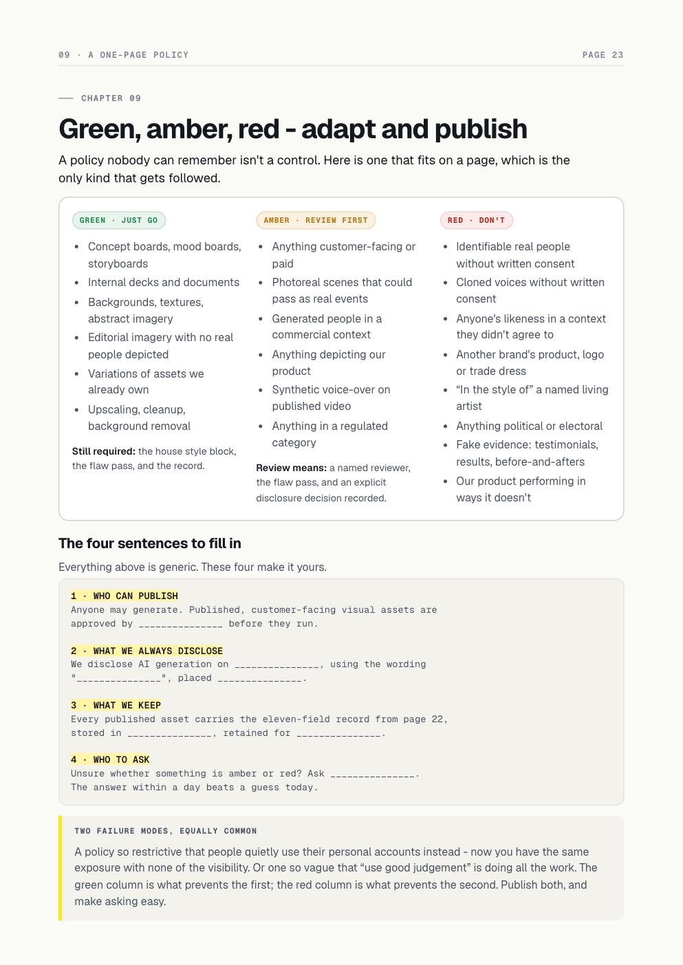 Page 23: a green, amber and red policy for AI visual content with four sentences to fill in.